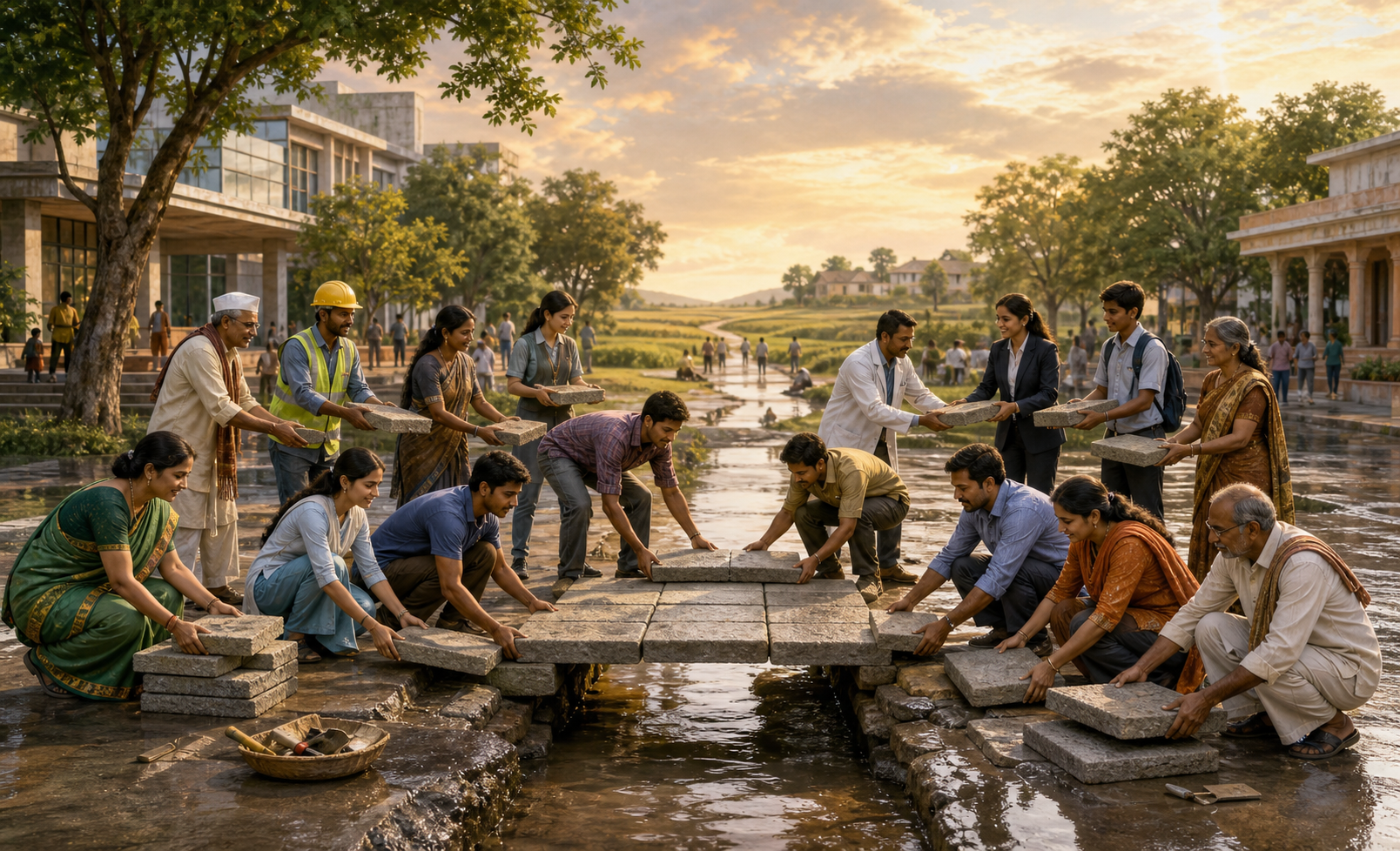 A diverse group of Indian citizens works together to build a stone footbridge across a shallow divide in a sunlit civic courtyard.