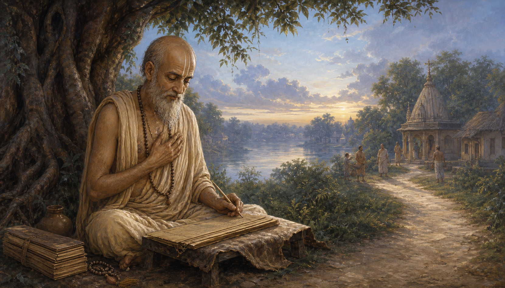 An elderly Vaishnava renunciant sits beneath a riverside tree with prayer beads and open palm-leaf manuscripts, facing a path toward a distant temple.