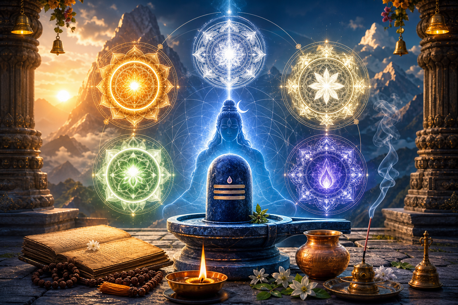Shiva meditation scene with Shivalinga, five radiant mandalas, scripture, lamp, beads, incense, and Himalayan temple backdrop