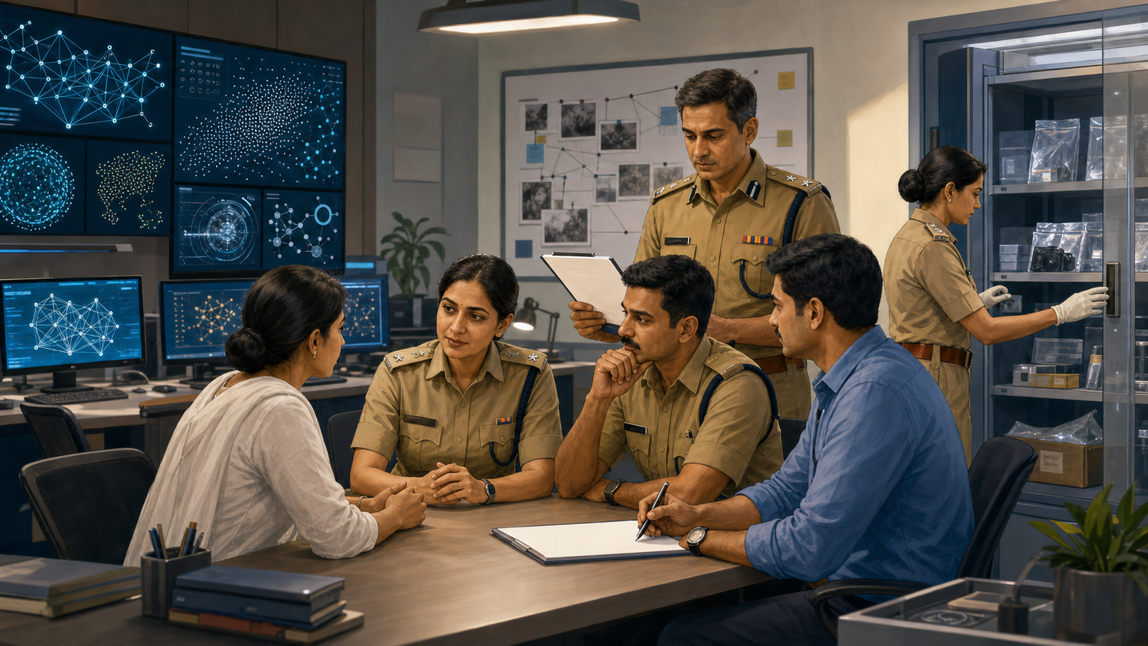 Police personnel use digital tools while assisting a citizen, securing evidence and overseeing procedural safeguards in a technology room.