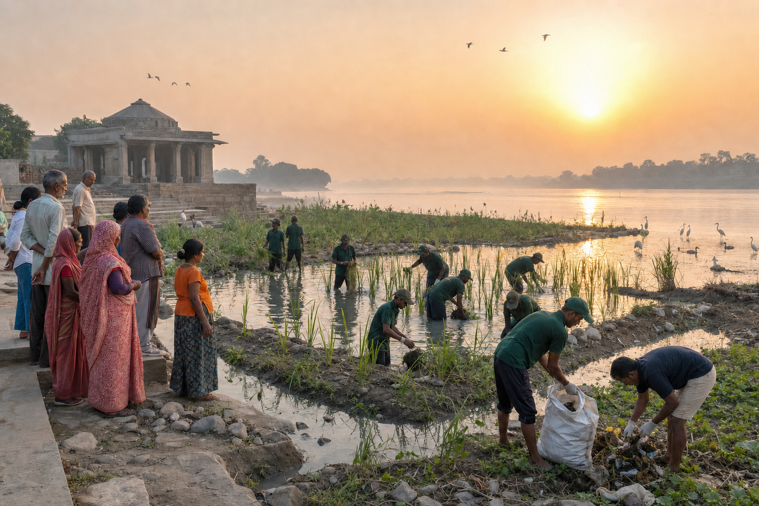 Residents and restoration workers care for a riverbank by removing litter, planting reeds and inspecting a wetland at sunrise.
