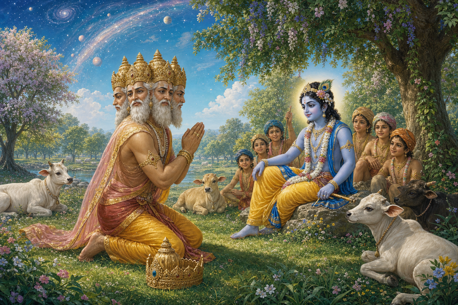 Four-faced Brahma kneels with folded hands before youthful Krishna in a pasture, with his crown resting beside him and calves nearby.