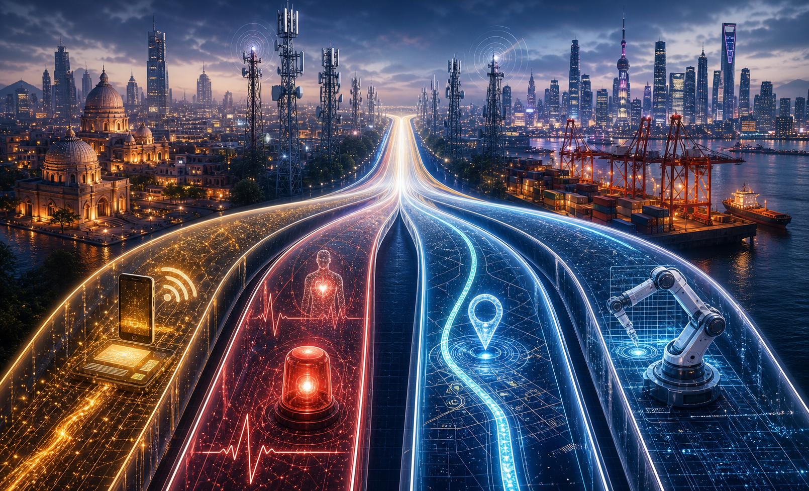 A shared 5G corridor separates into protected lanes for payments, emergency calls, navigation, and industrial operations between two connected Asian cityscapes.