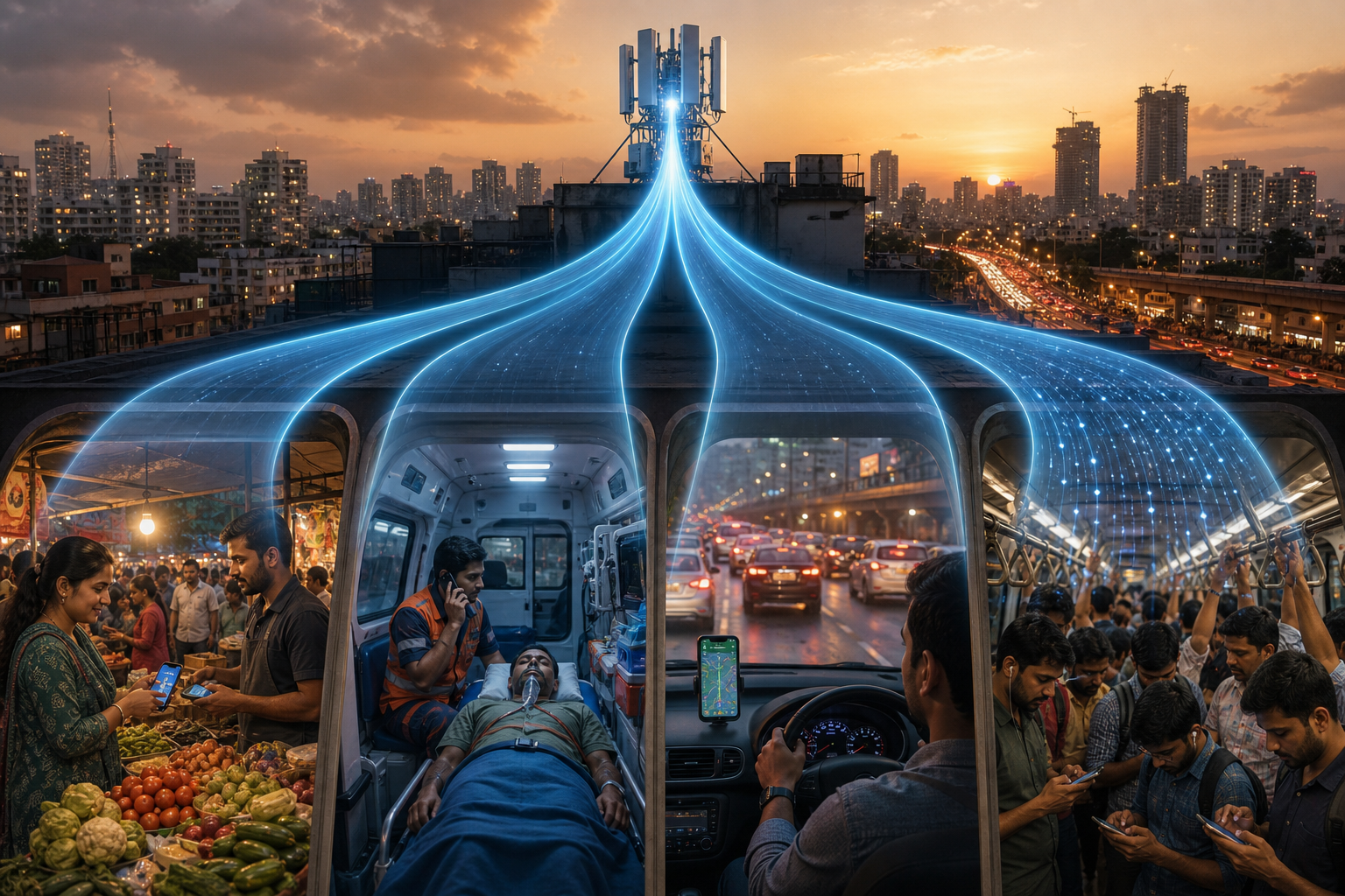 A city antenna directs separate network channels to a market payment, an ambulance call, vehicle navigation, and commuters using mobile data.