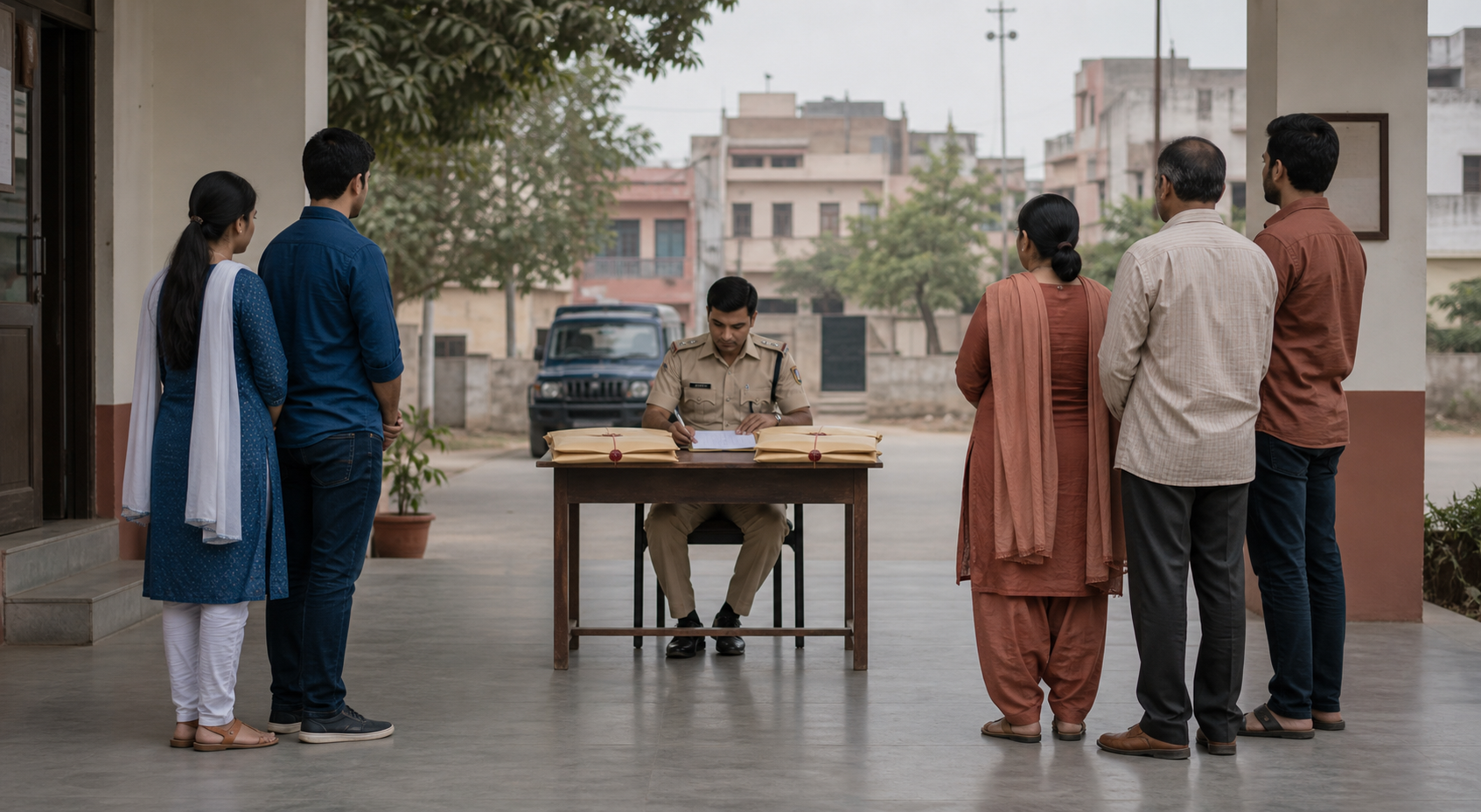 एक ओर साथ खड़ा अनाम युवा दंपती, दूसरी ओर चिंतित परिजन और बीच में साक्ष्य फोल्डरों के पास खड़ा पुलिस जांचकर्ता।