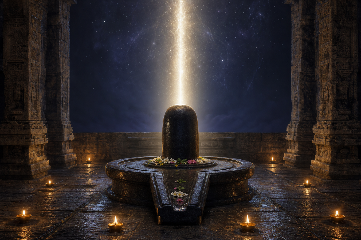 A dark stone Shivalinga in a lamp-lit temple sanctum aligns with a vertical column of light extending into the night sky.