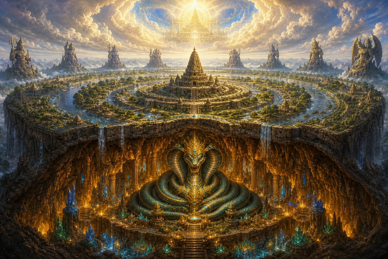 A cutaway cosmic landscape shows a central sanctuary, guardians around the horizon, a celestial realm above, and Vasuki below.