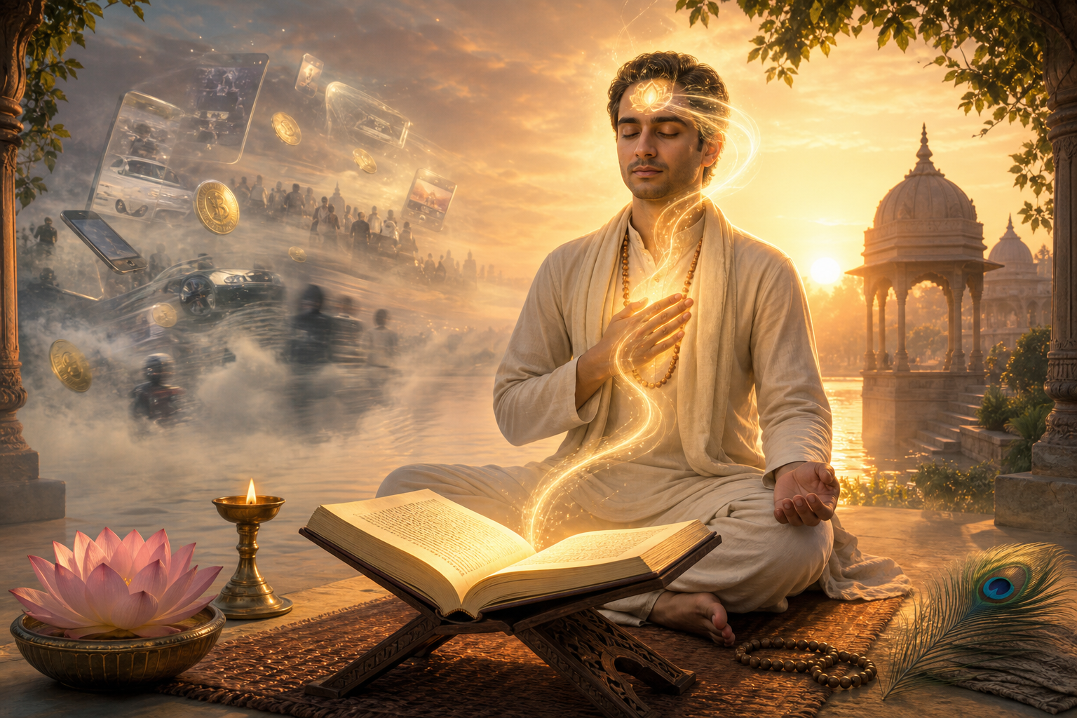 Meditating practitioner with scripture and golden light symbolizing bhakti-yoga guidance