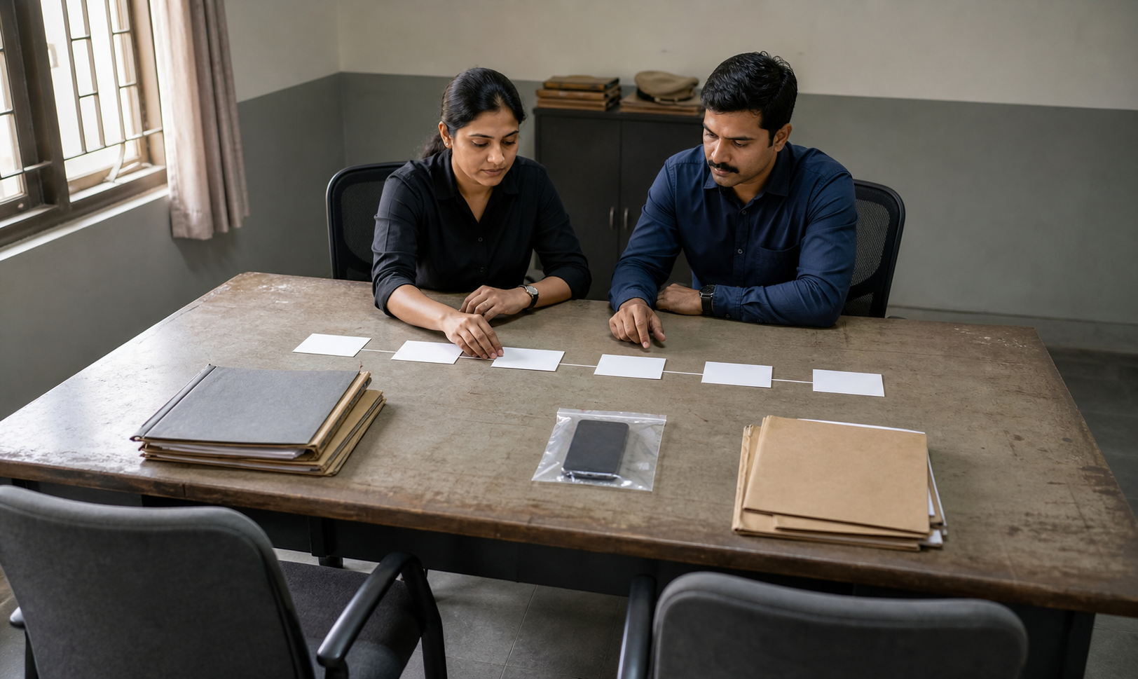 जांच कक्ष में दो अधिकारी सीलबंद फोन, खाली टाइमलाइन कार्ड और अपठनीय दस्तावेजों की निष्पक्ष समीक्षा करते हुए।