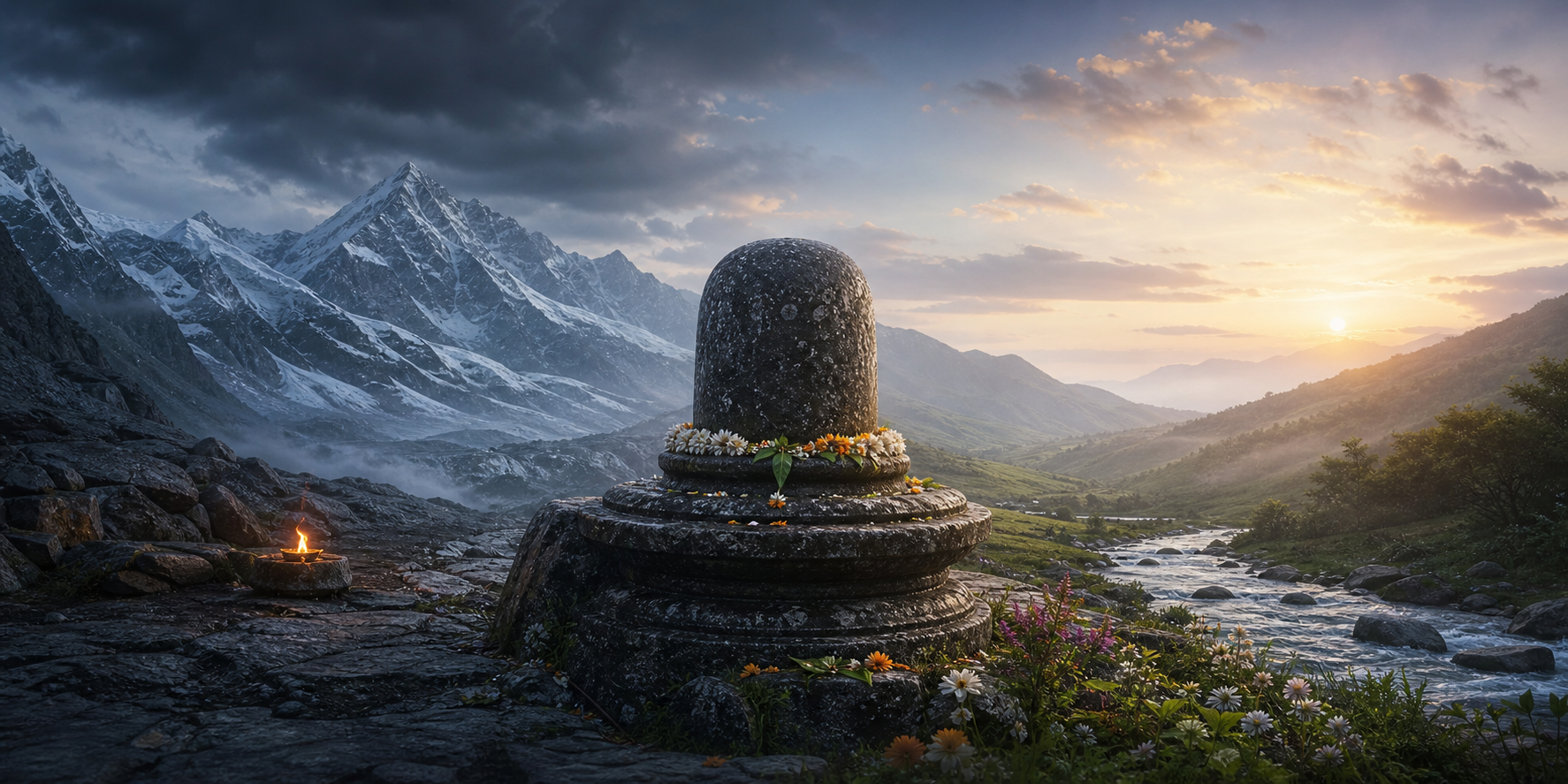 A stone Shivalinga stands between a snowy mountain and a fertile valley, with fire and storm clouds on one side and a clear stream and dawn light on the other.