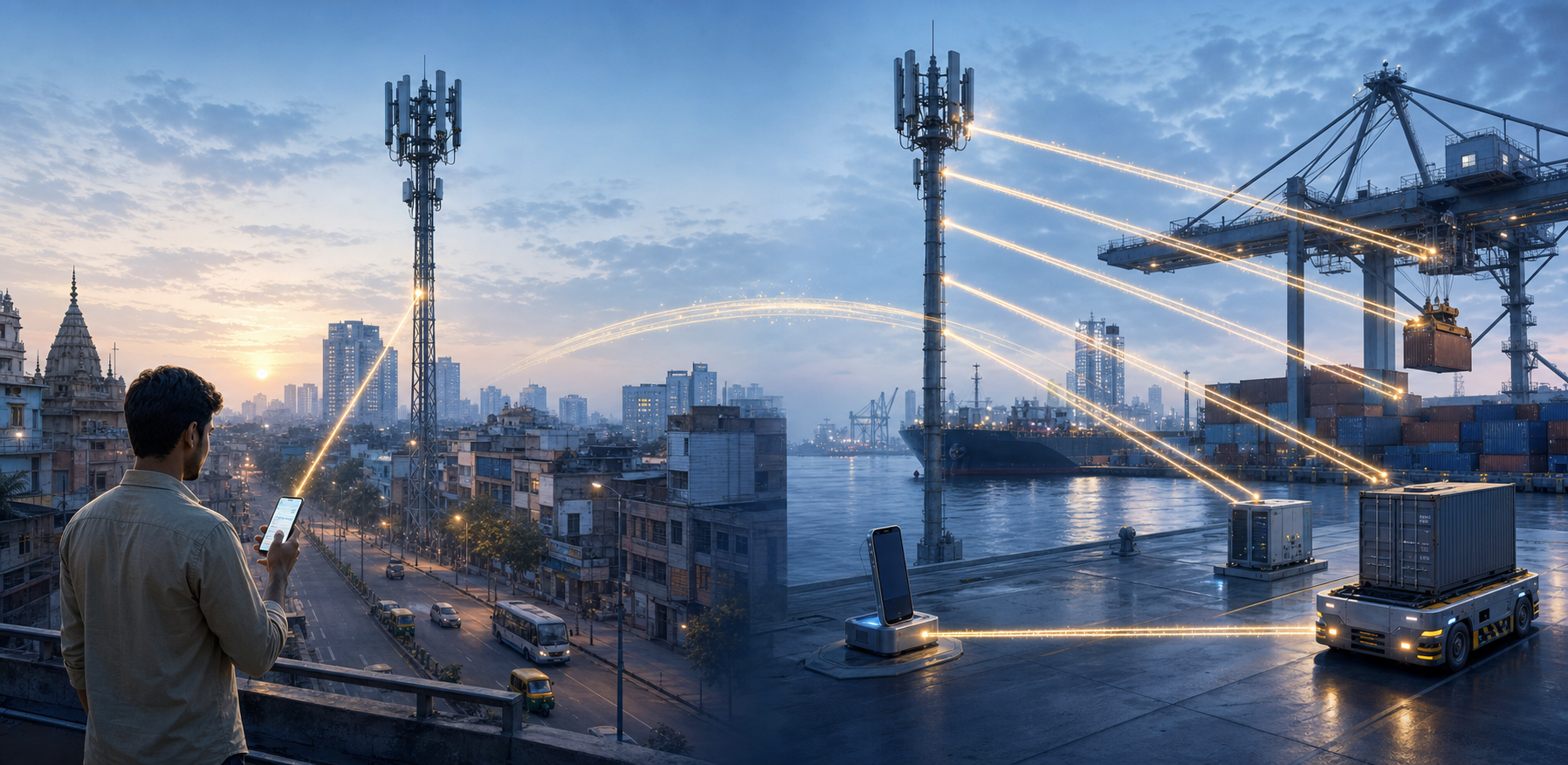 A split scene shows a consumer receiving priority mobile connectivity in an Indian city and coordinated 5G links among devices and port equipment in China.