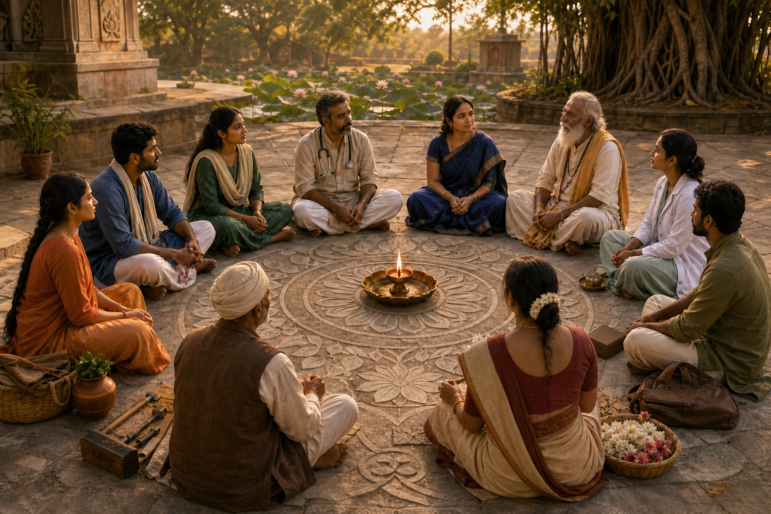 Indian adults of different ages and genders sit in an equal circle around a glowing oil lamp in a stone courtyard.