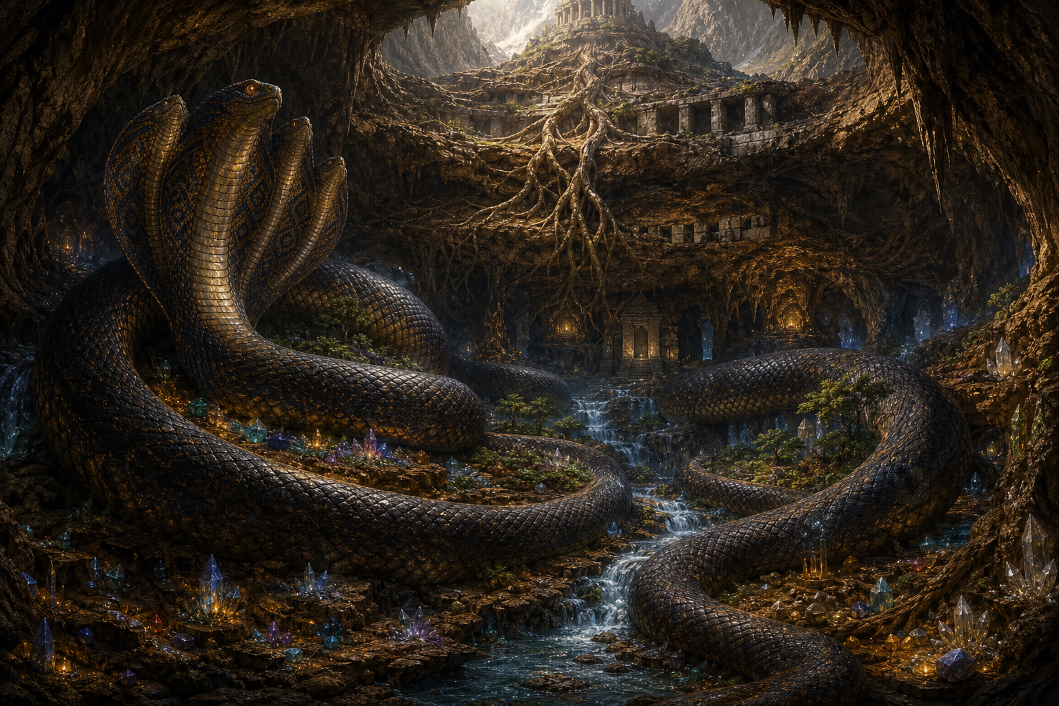 Vasuki rests in an underground cavern, supporting mountain roots, streams, gemstones, seeds, and temple foundations above.