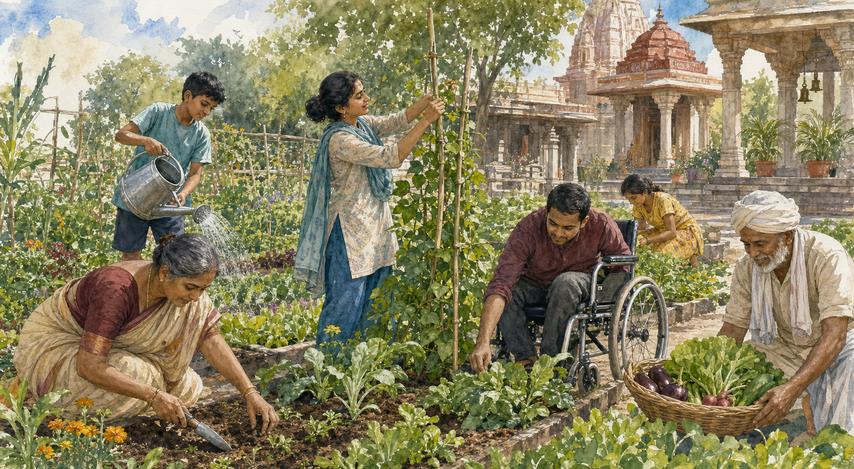 People of different ages and abilities contribute in different ways to a shared community garden beside a temple courtyard.