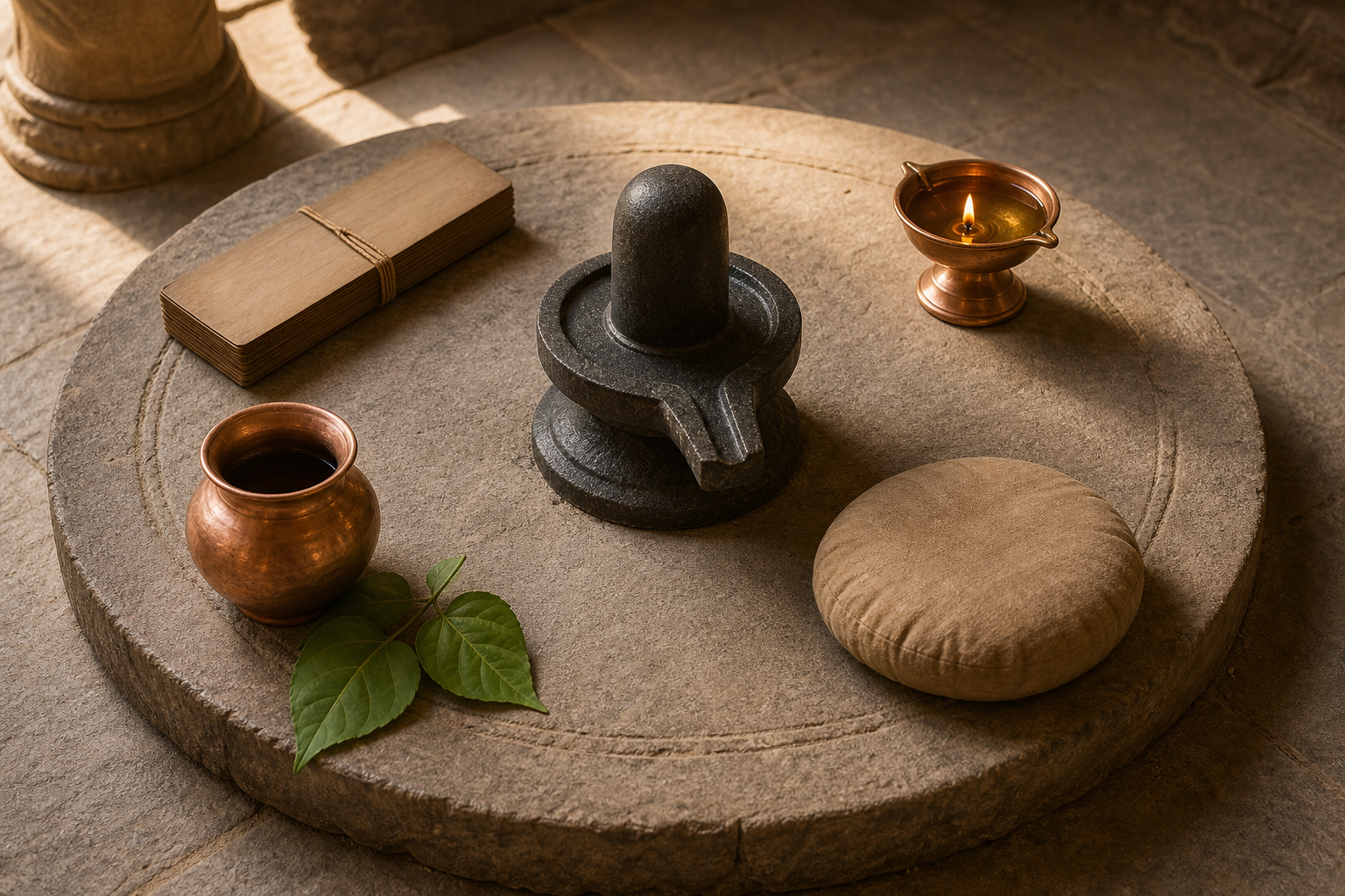 A small stone Shivalinga is surrounded by a closed palm-leaf manuscript bundle, an oil lamp, a copper water vessel with leaves, and a meditation cushion.