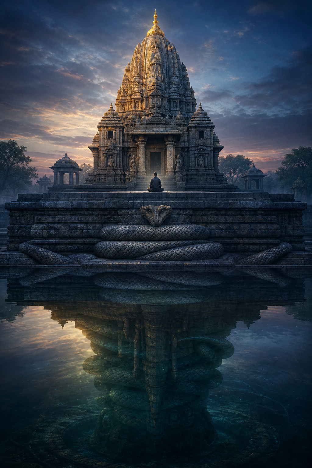 A meditator sits before a stone temple whose deep foundation visually merges with the protective coils of Vasuki.