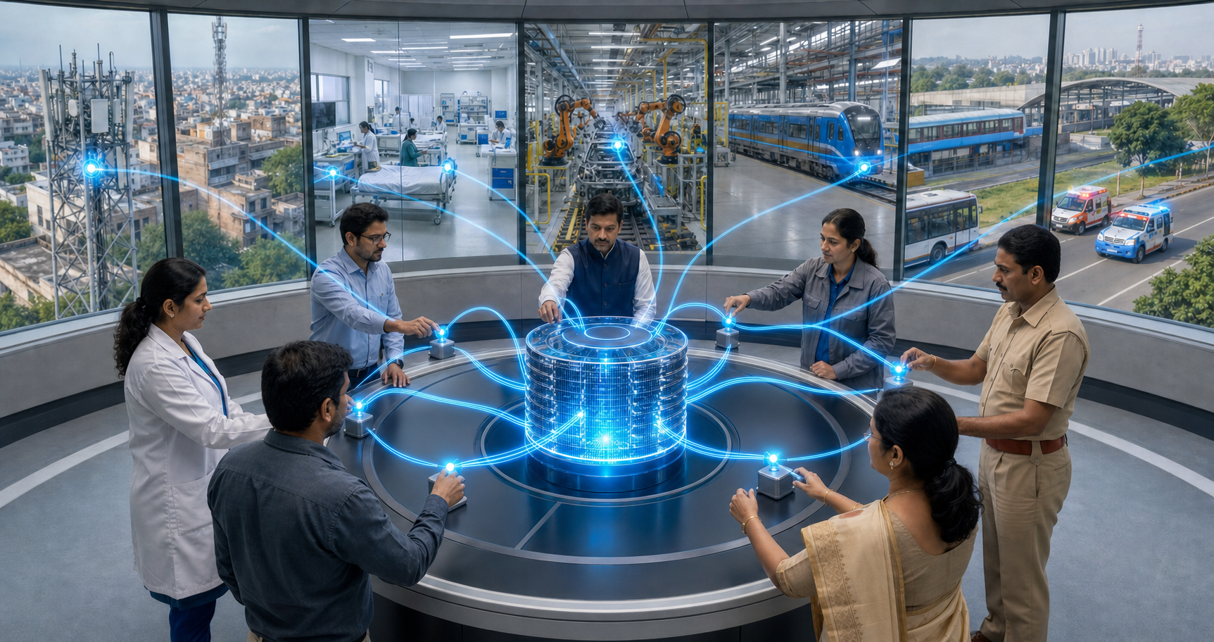 Indian telecom, device, healthcare, manufacturing, transport, public-safety, and regulatory professionals connect their systems around a shared 5G network core.