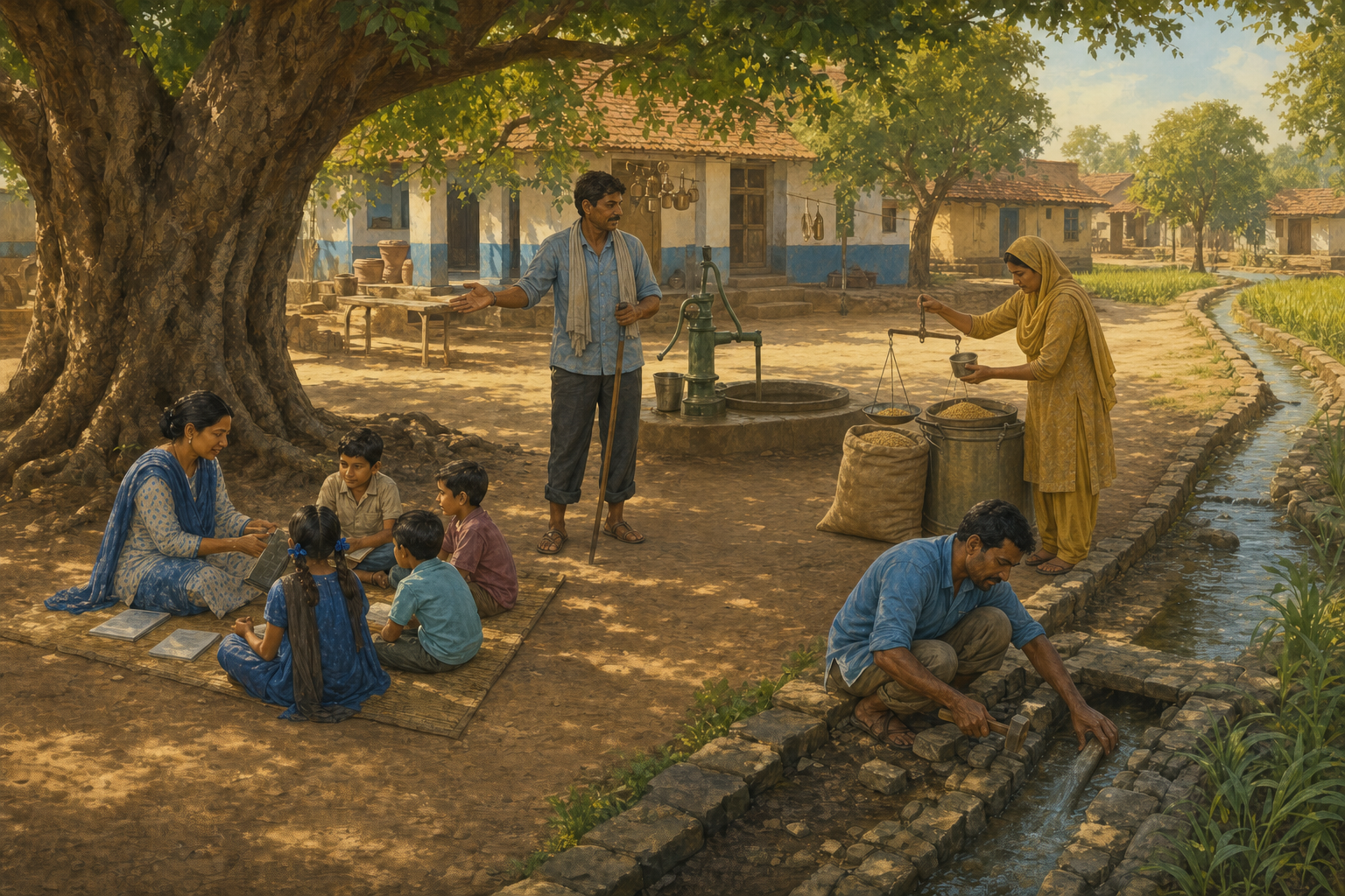 Four adults teach, coordinate public safety, distribute grain, and repair irrigation in an interconnected village courtyard scene.