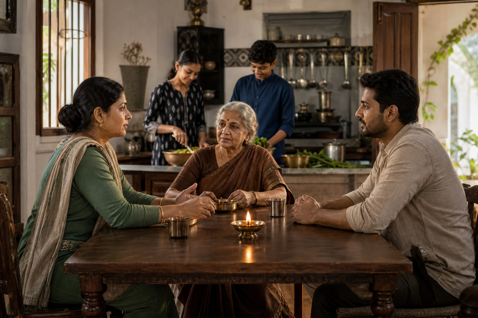 A woman and man jointly care for an older relative while a girl and boy share food preparation in an Indian home.