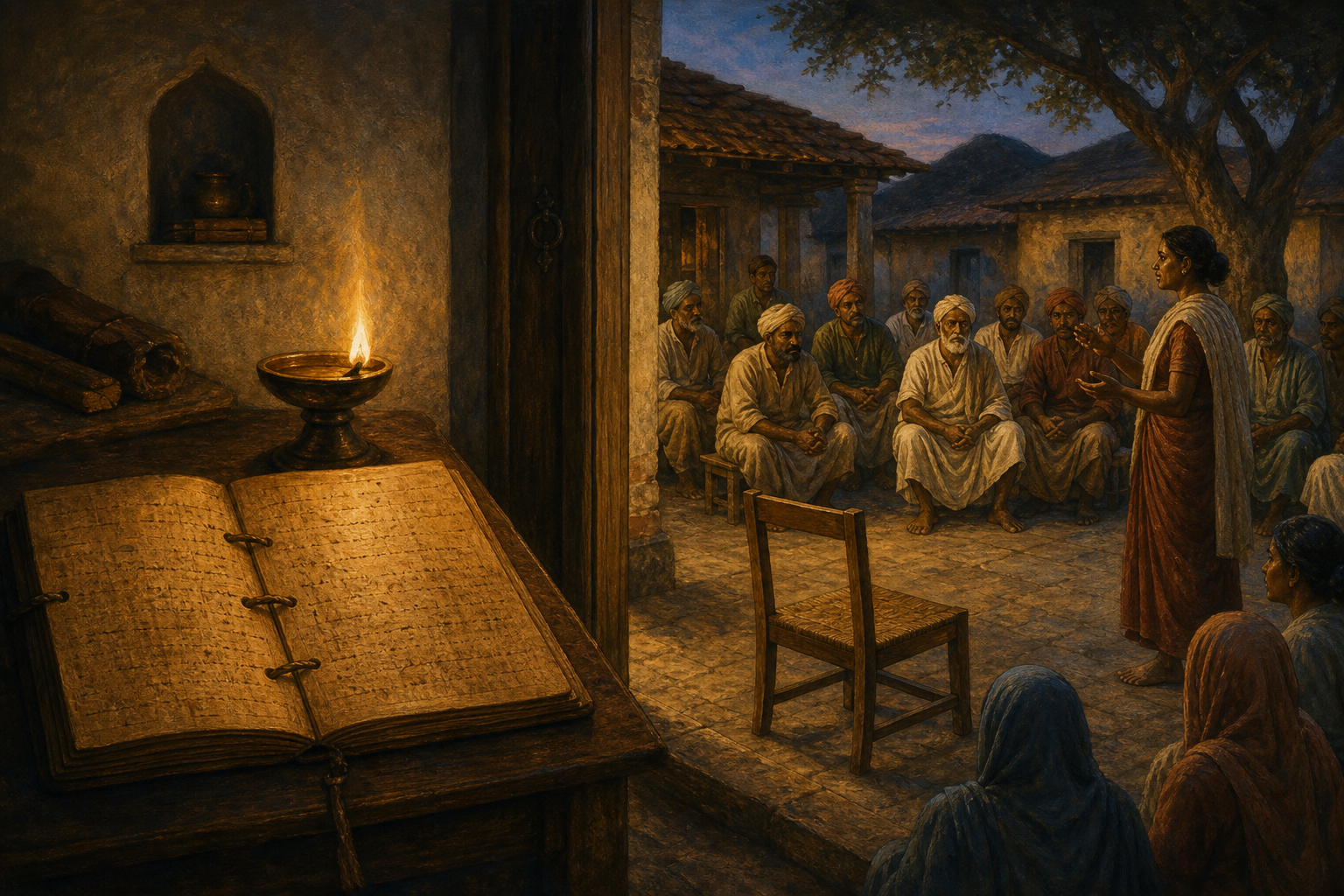 An unreadable palm-leaf manuscript and oil lamp appear beside a connected village council scene where a woman addresses seated community members.