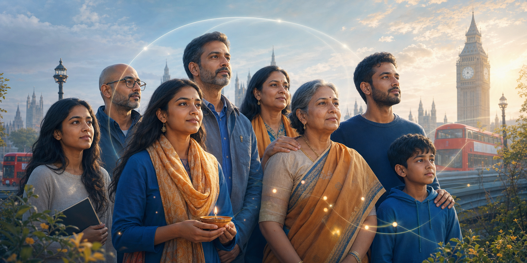 A diverse group of Hindu Londoners stands in a civic space with a diya, the London skyline and red buses in the background, surrounded by translucent protective shapes.
