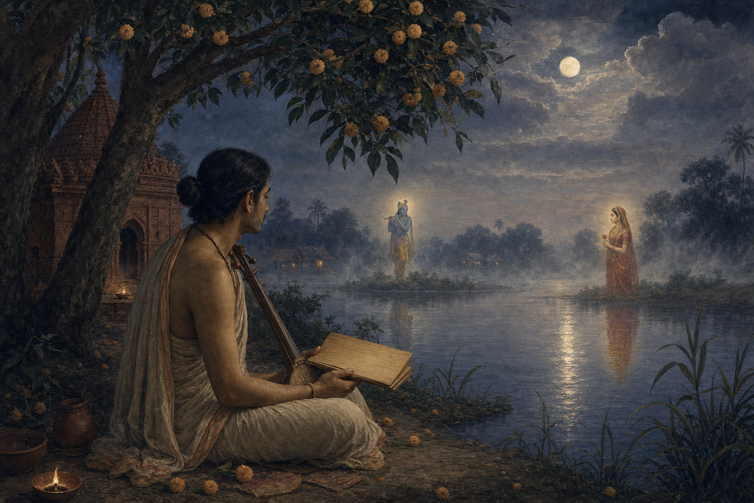 An anonymous Bengali poet sits beside a twilight river while distant figures of Radha and Krishna appear on opposite banks near a terracotta temple.