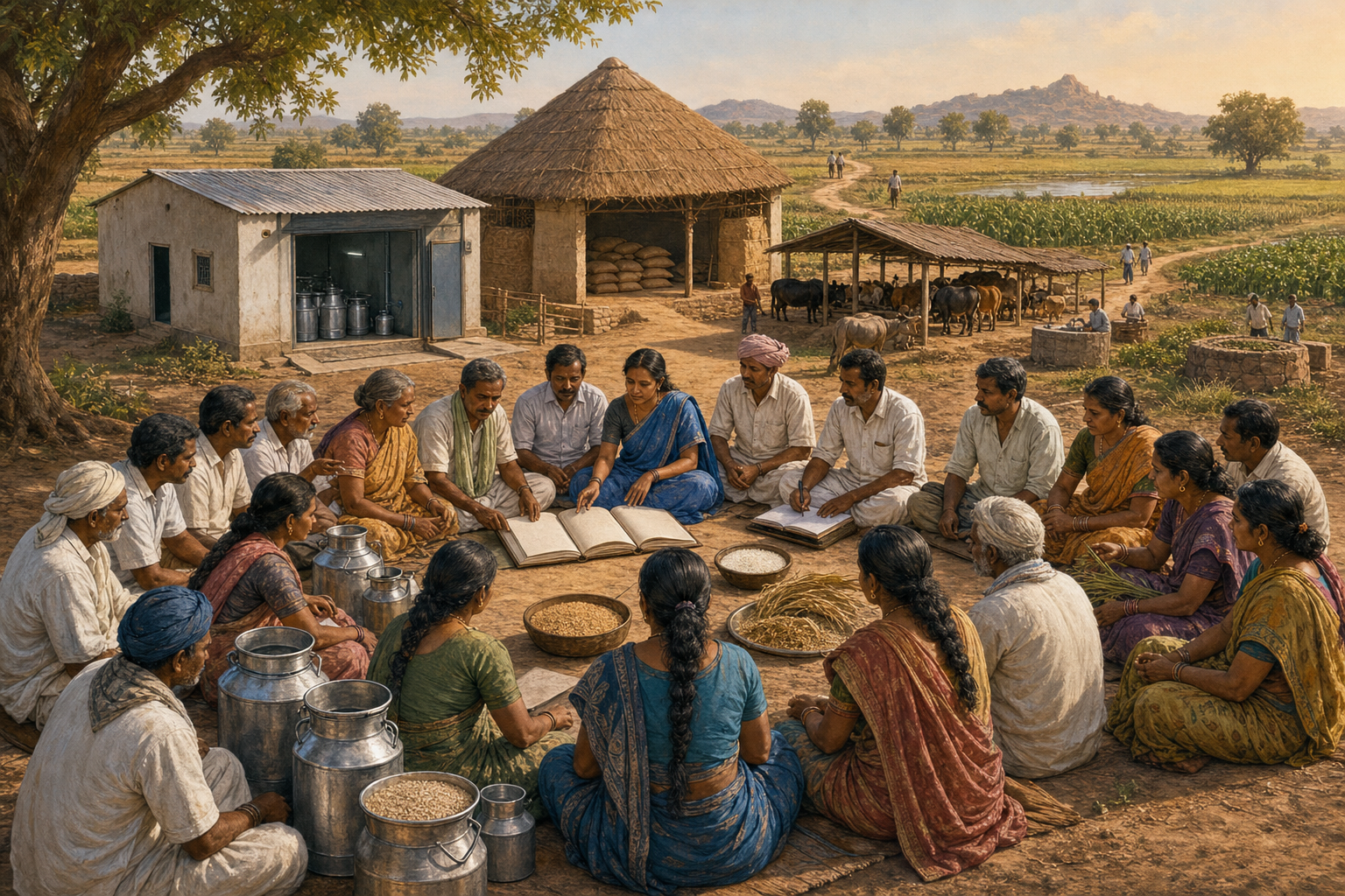 Women and men farmers hold a cooperative meeting beside a dairy room, grain storehouse, cattle sheds, and fields in a Telangana village.