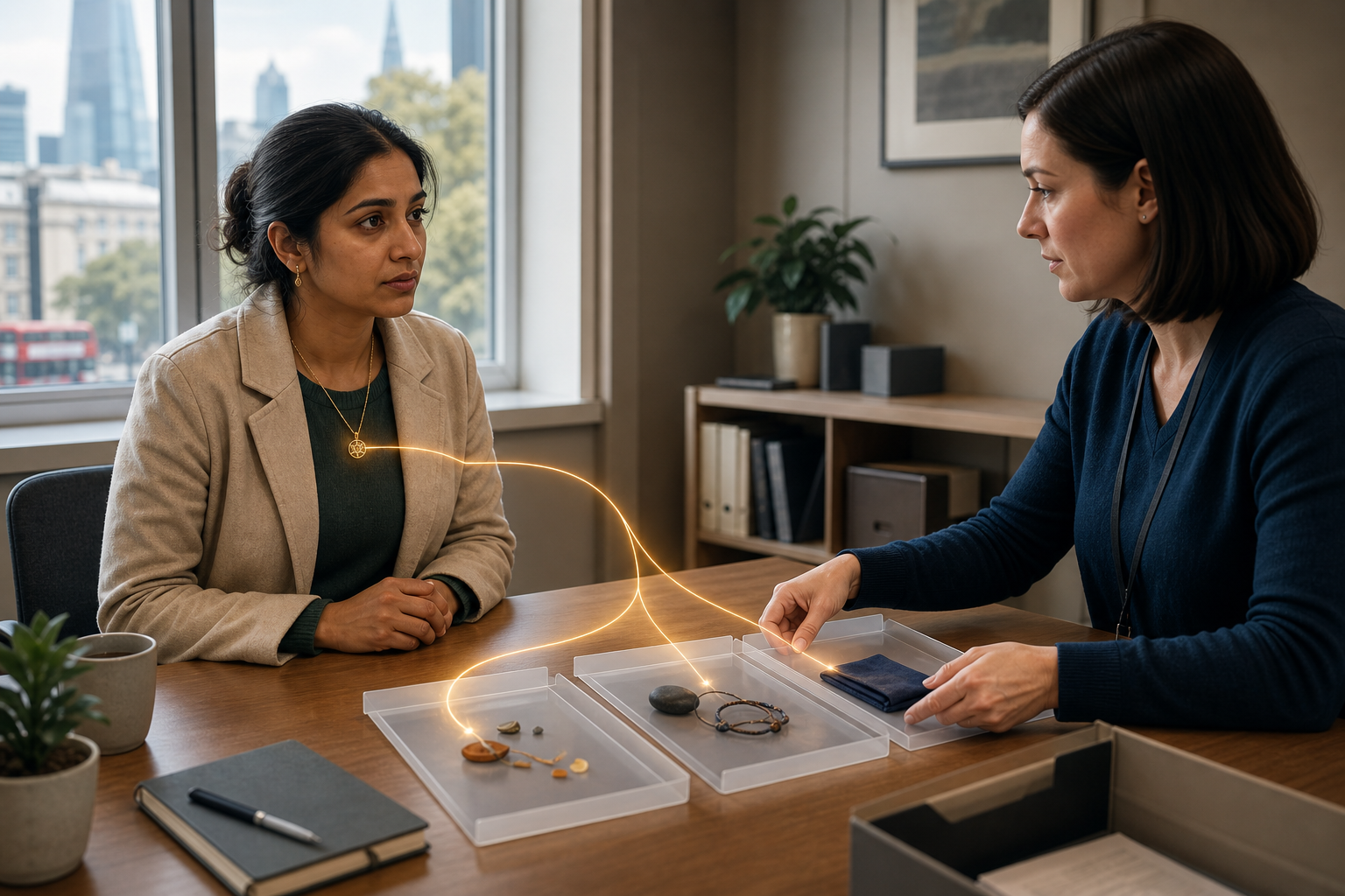 A Hindu woman speaks with a public-service worker who sorts several pieces of evidence into separate translucent folders in a modern office.