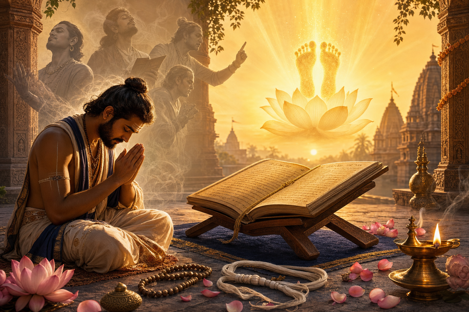 Devotee bowing before an open Śrīmad Bhāgavatam with prayer beads, lotus flowers, oil lamp, and radiant lotus feet in a temple at sunrise