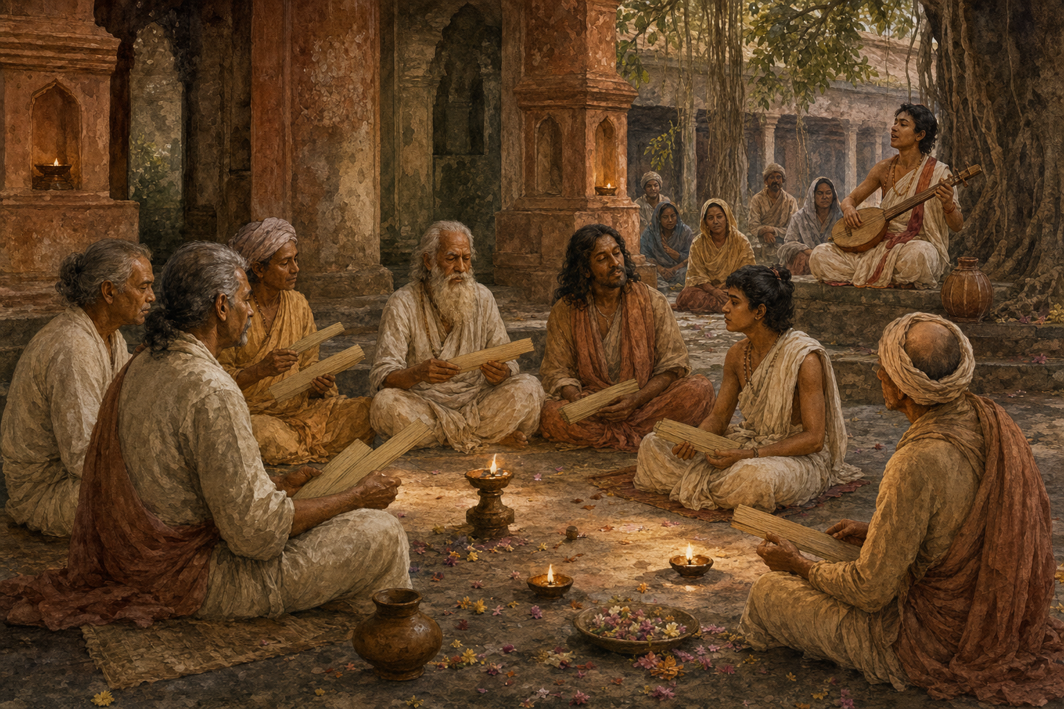 Several anonymous poet-singers with blank palm leaves gather in a Bengali temple courtyard as a younger performer sings to villagers nearby.