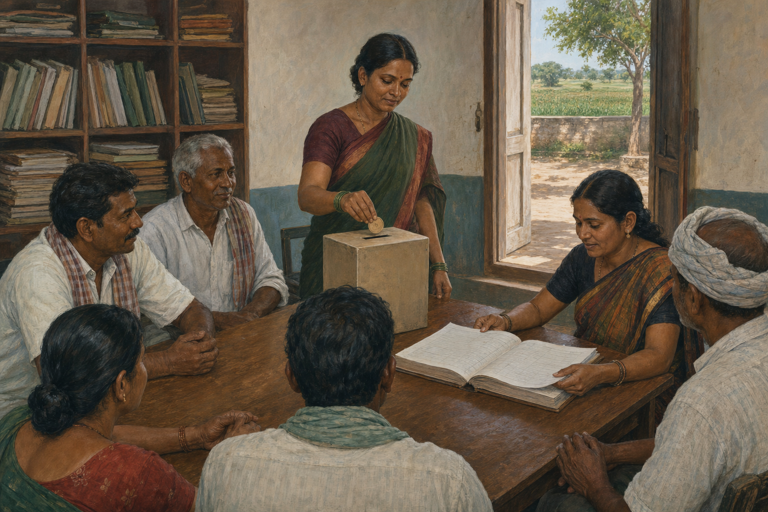Village farmers participate in a cooperative meeting with an account book and ballot box inside a rural office.