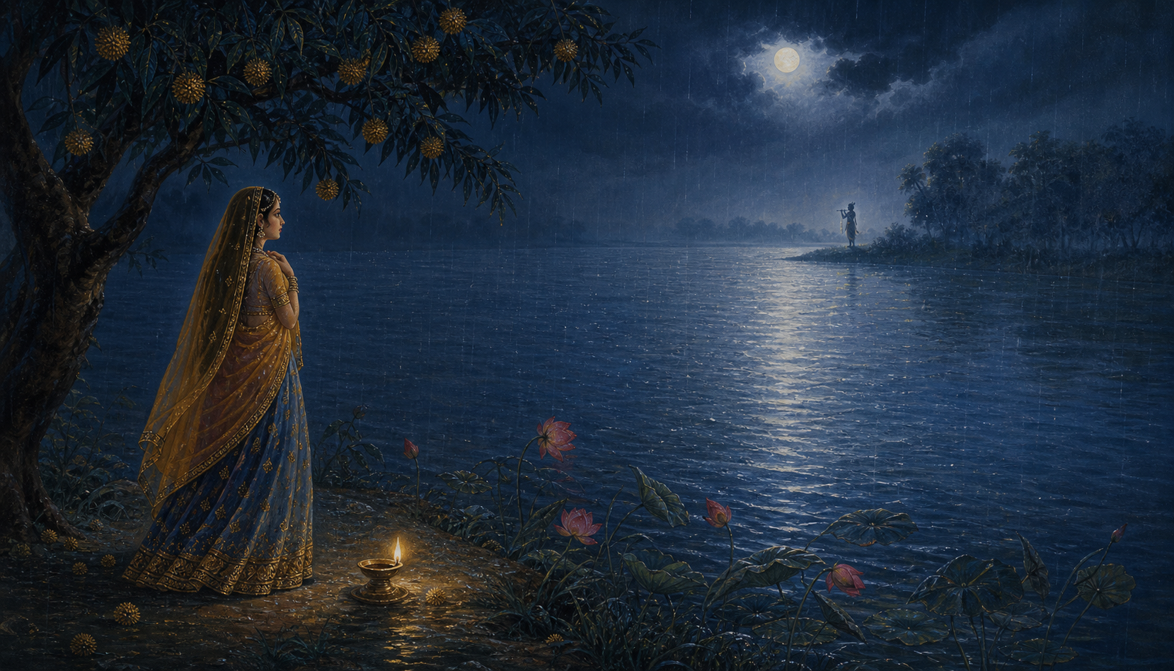 Radha stands alone beneath a tree in a moonlit monsoon landscape, looking across a river toward the distant silhouette of Krishna.