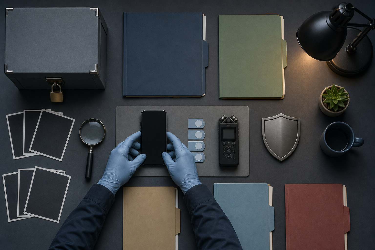 Gloved hands organize a phone, recording device, blank folders and other evidence beside a magnifying glass and locked storage box.