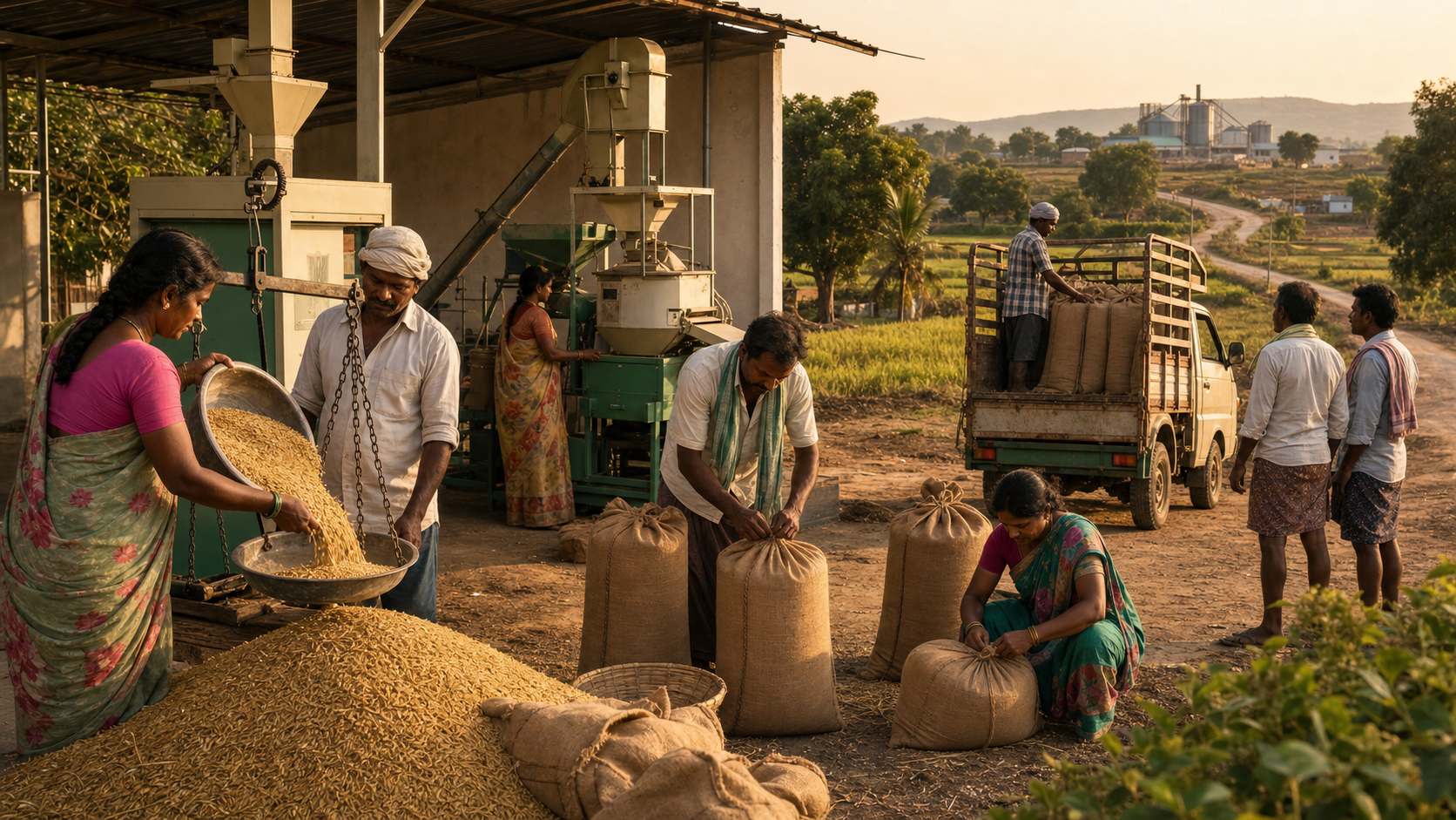 Cooperative members weigh and process paddy locally while a shared vehicle carries sacks toward a regional collection center.