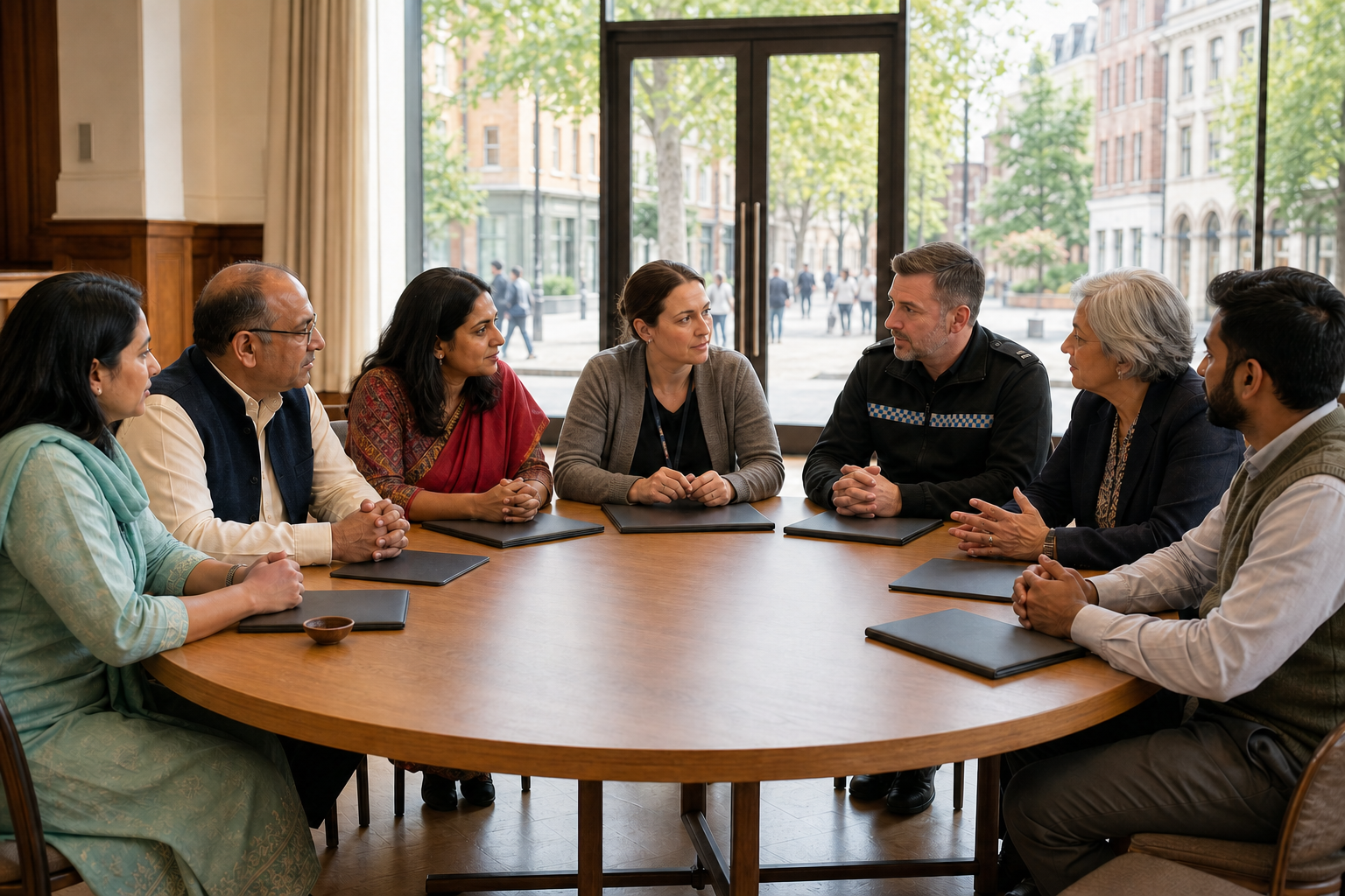Community members and representatives from public services sit together at a circular table in a bright London civic hall.