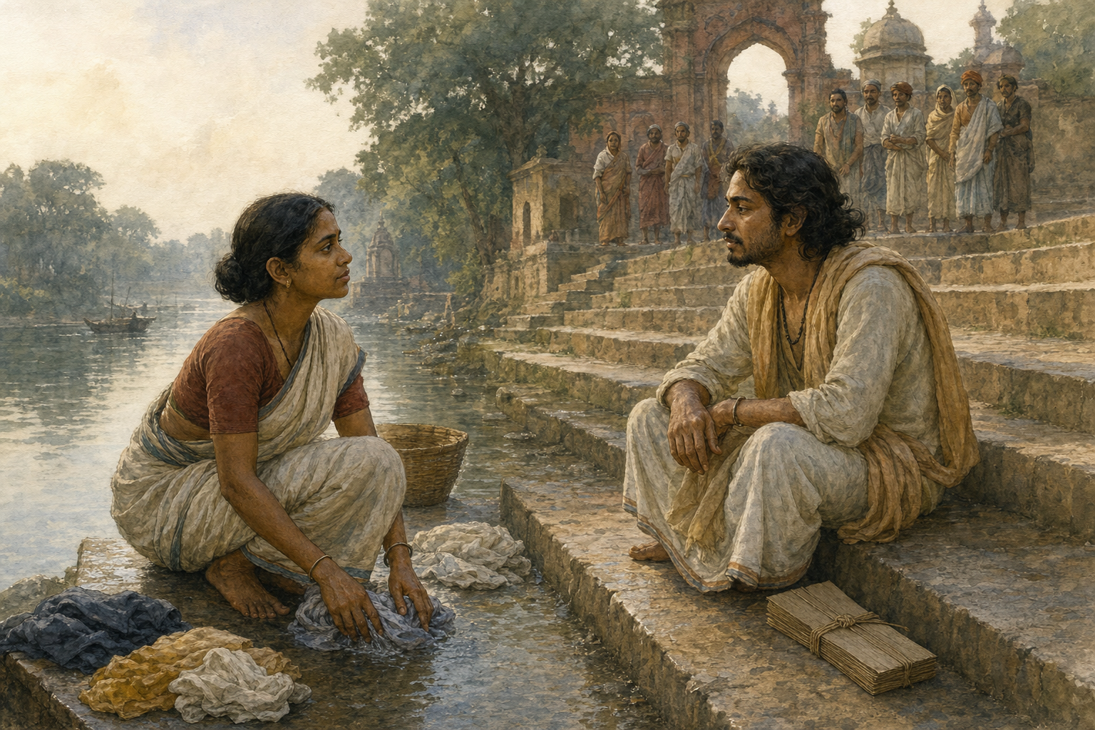 A washerwoman and a poet face each other beside a Bengali river ghat while distant villagers watch from a temple gateway.