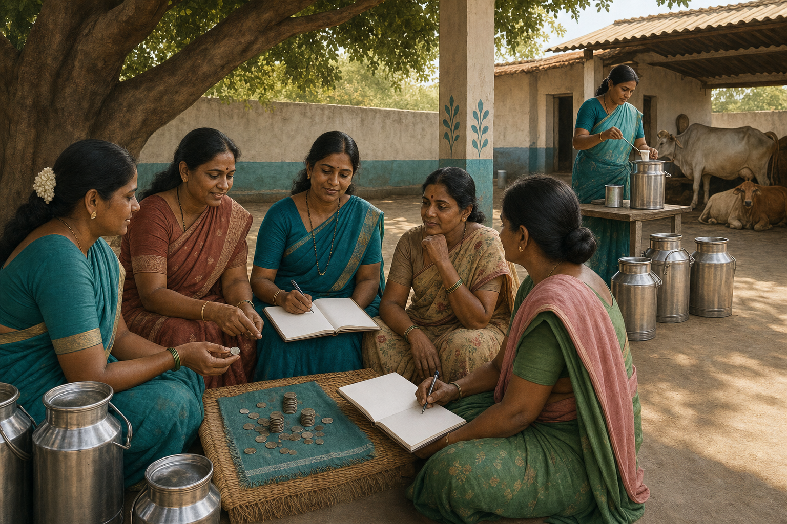 Women manage savings ledgers and milk collection during a cooperative gathering in a Telangana village courtyard.