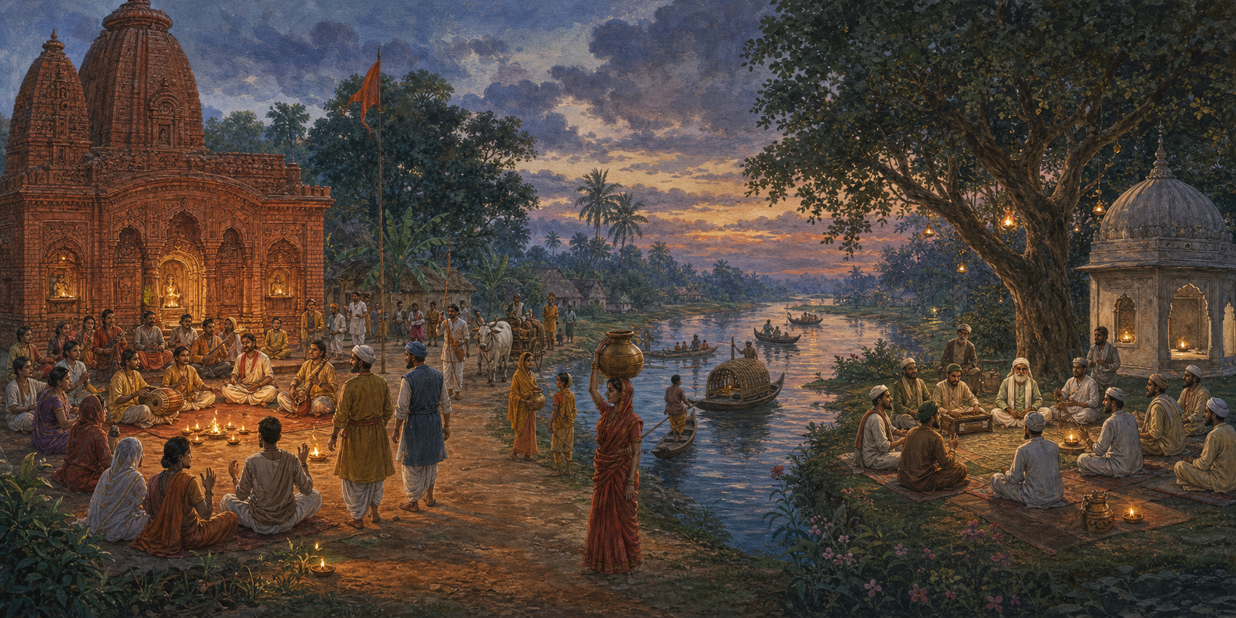 Villagers travel along a shared riverside path between a Bengali temple gathering and a Sufi gathering near a small domed shrine.
