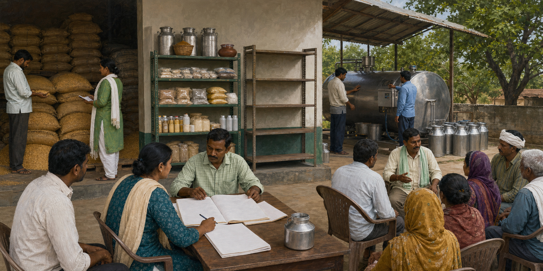 Cooperative members inspect grain stocks, dairy equipment, ledgers, and an empty shelf during an institutional review.