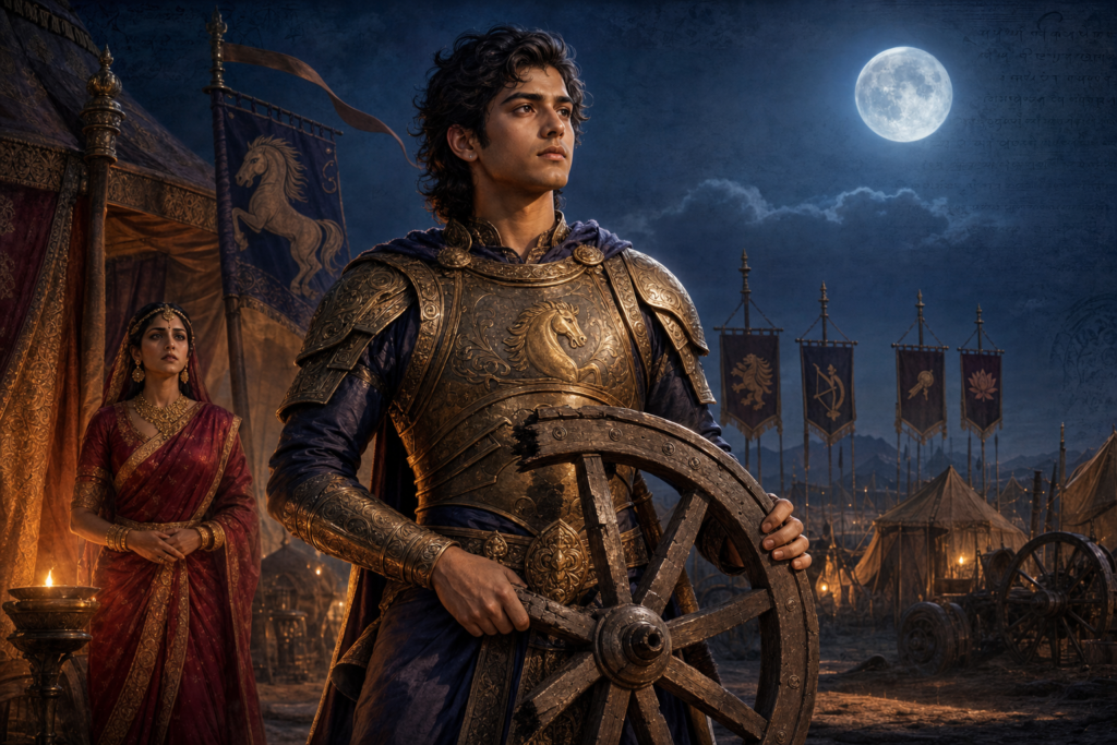 Shatanika stands with a broken chariot wheel in a moonlit Kurukshetra war camp, with Draupadi and Kuru-Panchala banners behind him.
