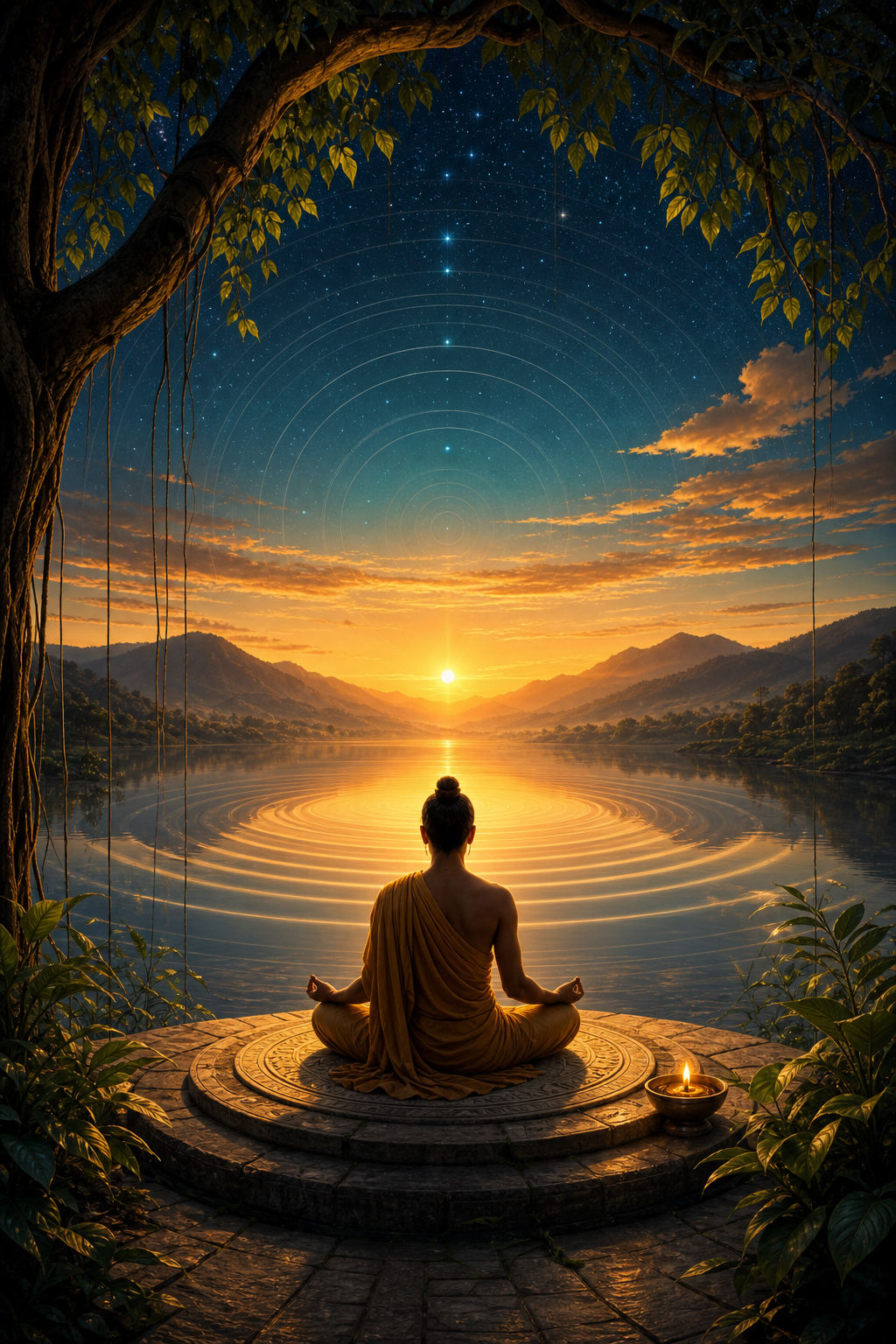 A person meditates beside a still river as concentric ripples echo through the landscape and starry sky at dawn.