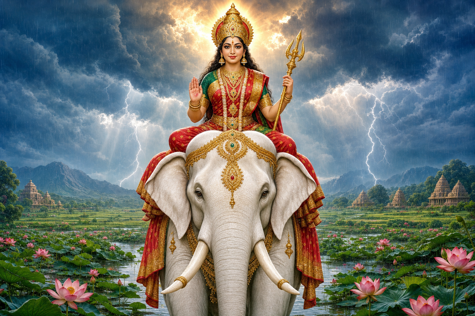 Indrani sits on a white elephant holding a vajra beneath monsoon clouds, with rain falling over green earth and lotus pools.