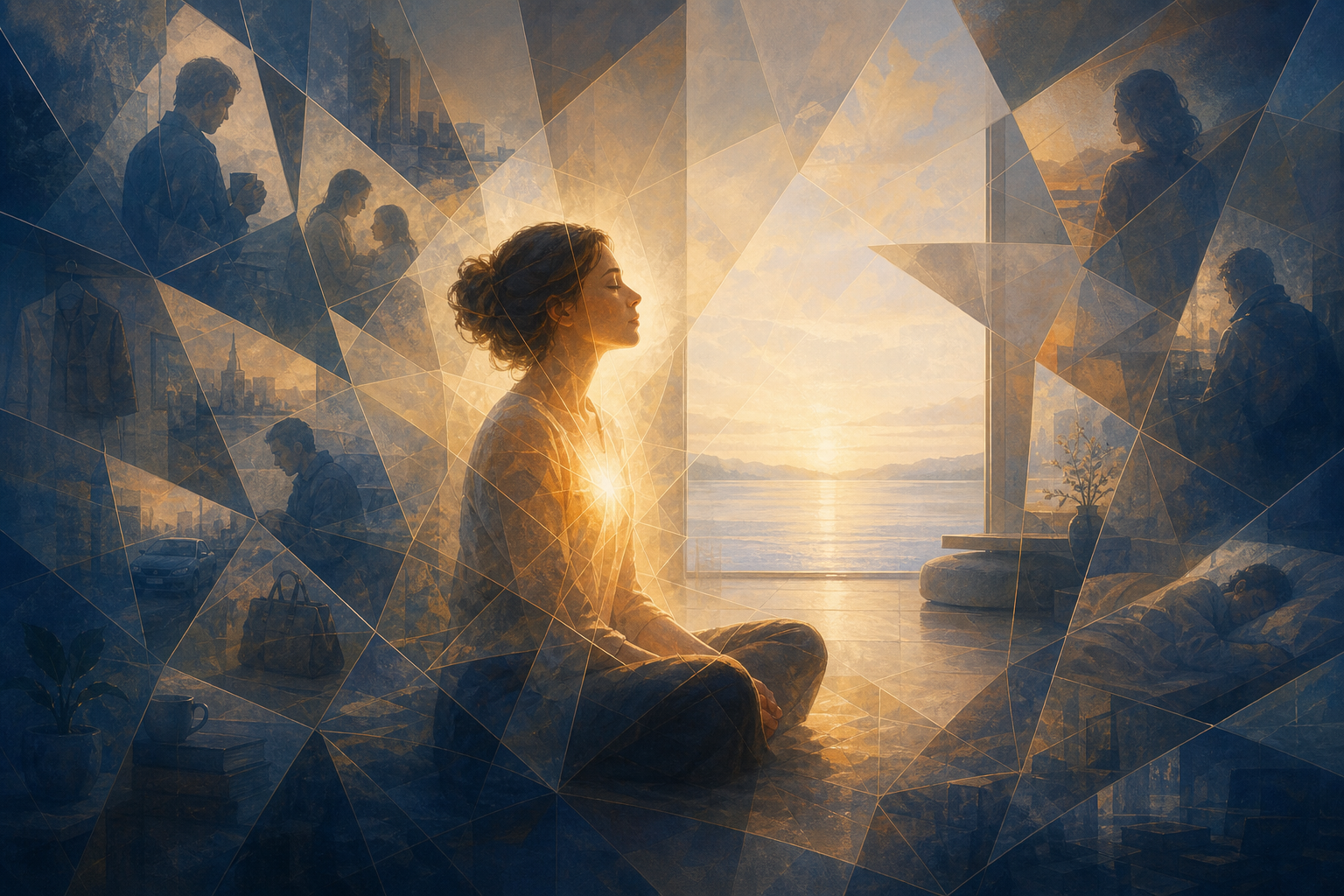 A seated figure is surrounded by fragmented reflections that merge into a single luminous form at the center.