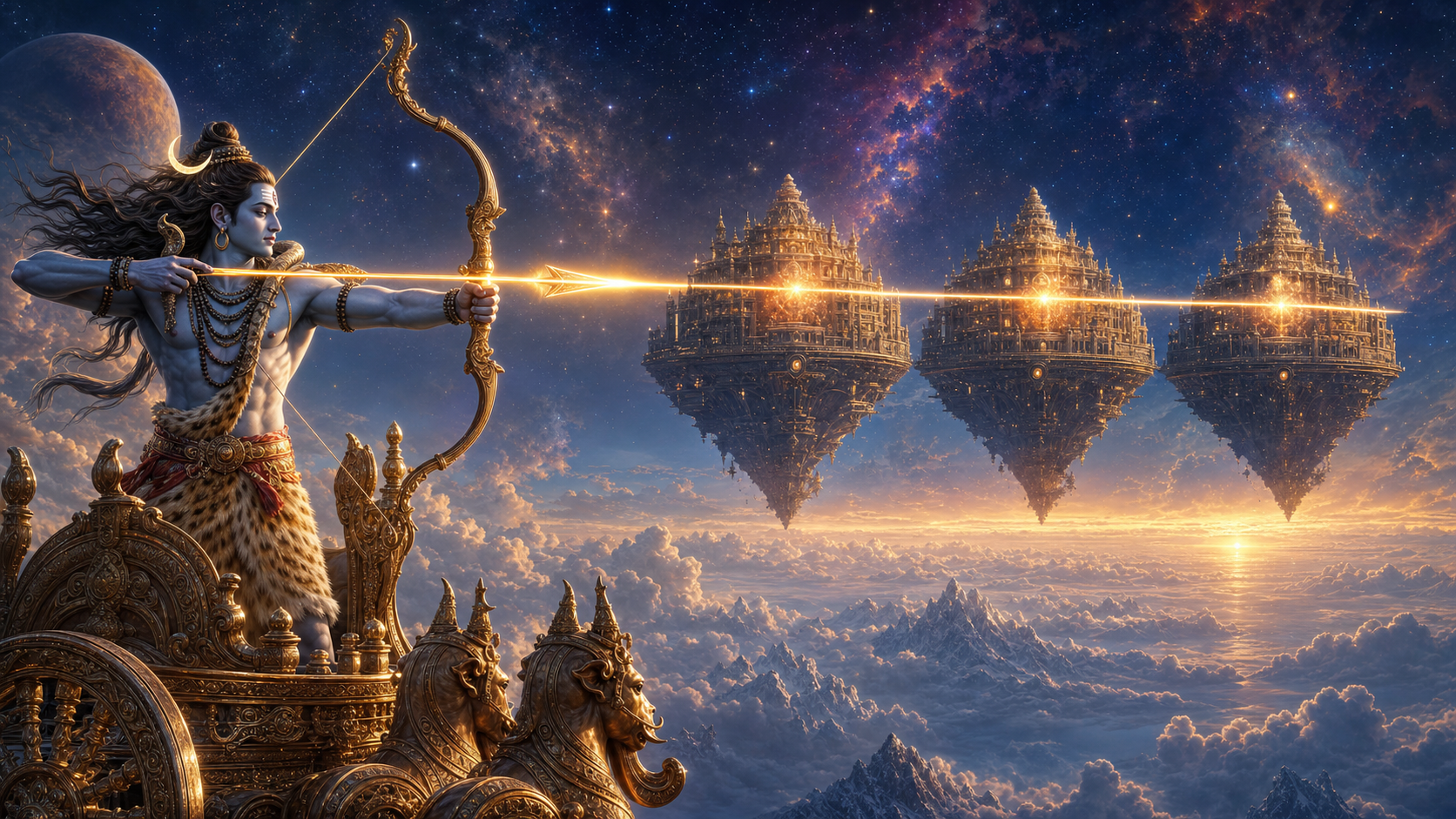Shiva stands on a celestial chariot and fires one radiant arrow toward three fortified cities aligned in the sky.