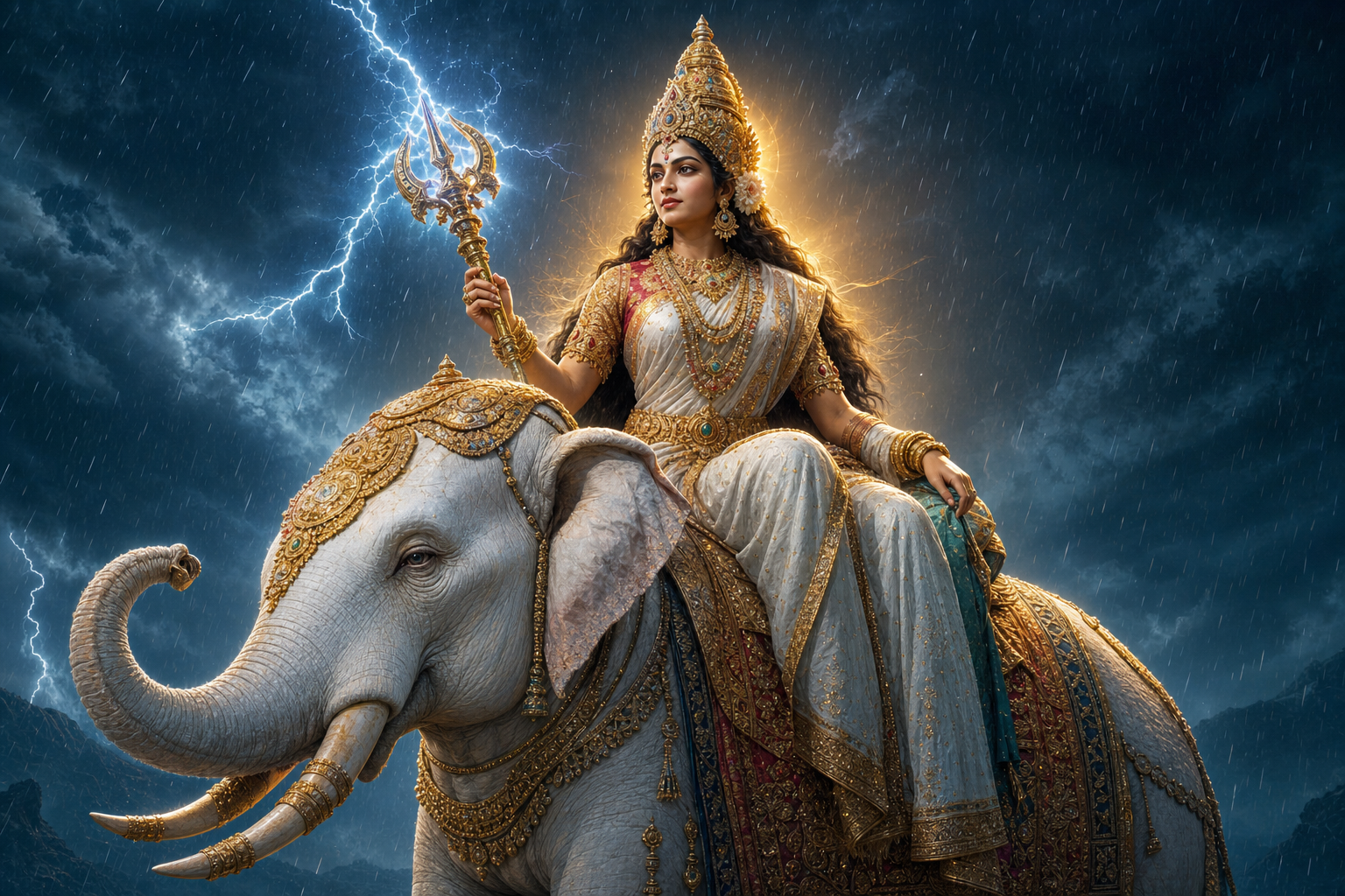Indrani wears a tall crown and holds a vajra while seated on a steady white elephant in a rain-darkened landscape.