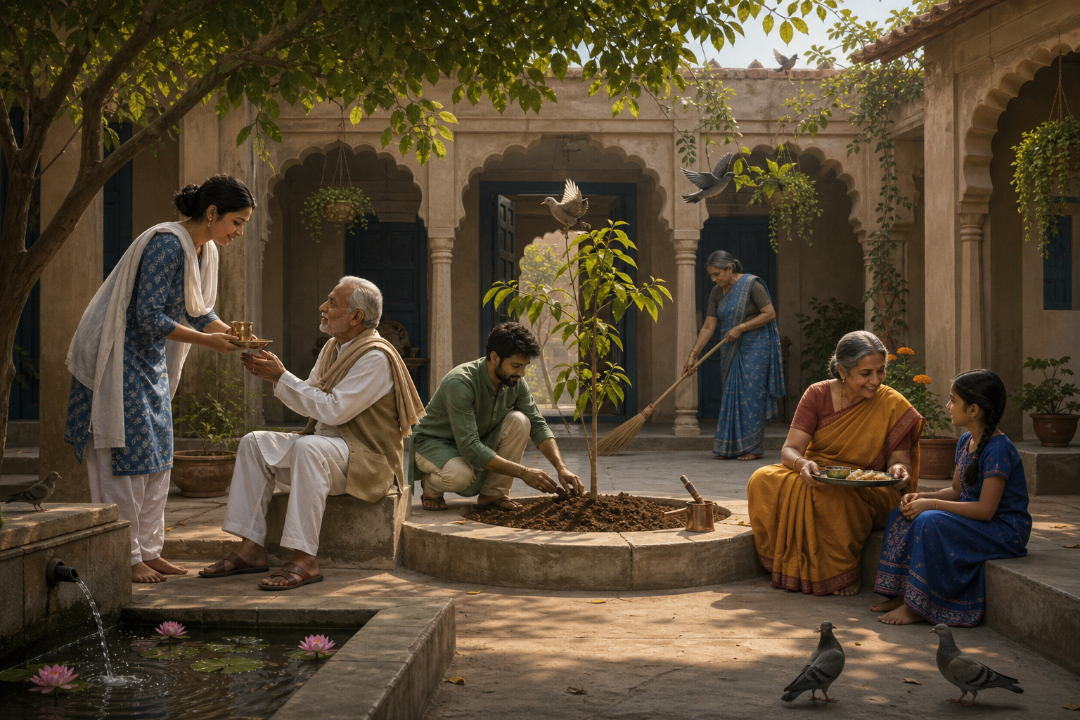 People in a courtyard share food and water, tend a tree, and care for their common space.