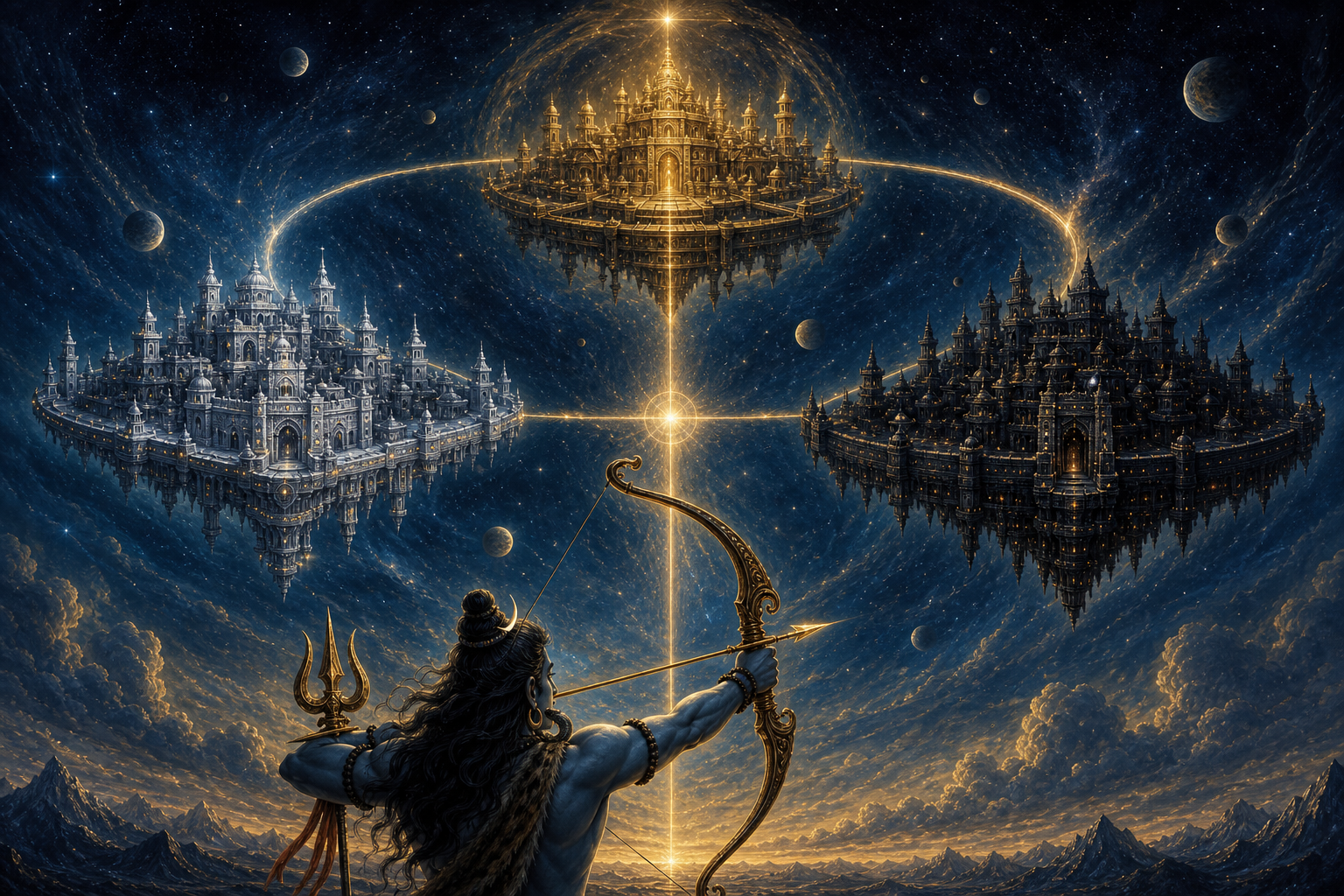 Three gold, silver, and iron aerial fortresses align along the path of Shiva's drawn bow.