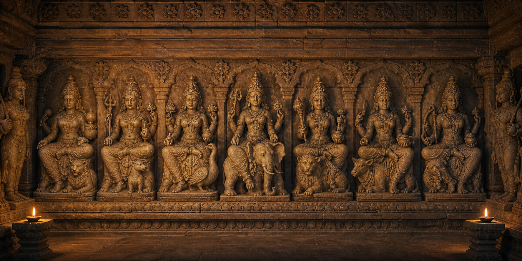 A row of seven seated Matrika figures fills a temple niche, with Indrani distinguished by an elephant, vajra, and crown.
