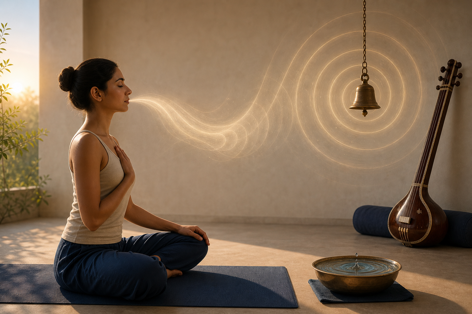 A seated yoga practitioner exhales as subtle luminous waves align with a bell, a tanpura, and ripples in water.