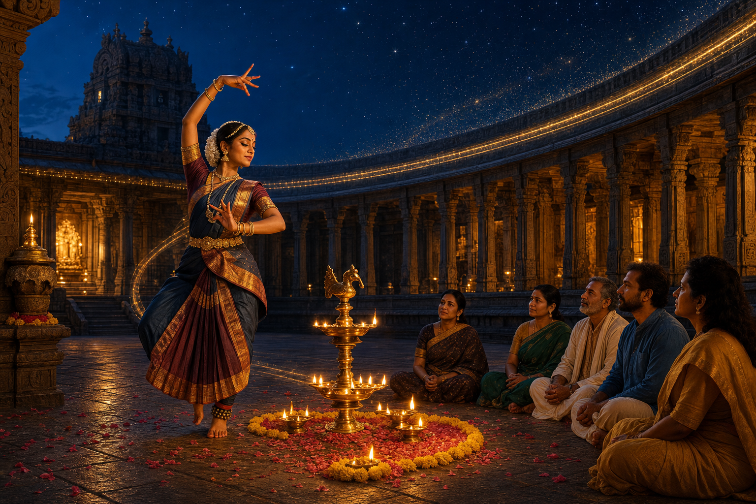 A classical Indian dancer performs beside glowing oil lamps in a temple courtyard under a starry evening sky.